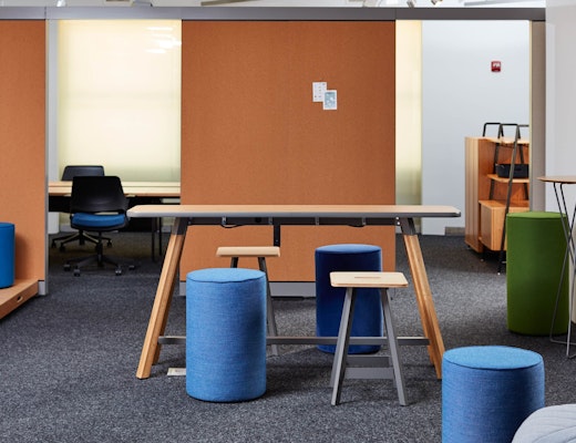 Rockwell Unscripted neocon 2018 rockwell unscripted tall tables upholstered seats easy stools shared spaces hospitality at work