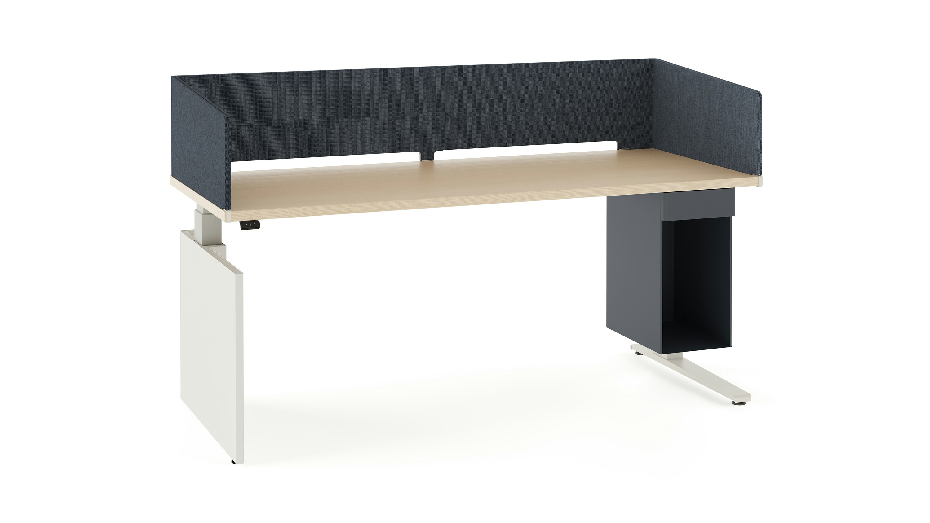 Table with laminate surface, wrapped navy fabric screen, navy large suspended storage, and white shroud on the left leg.