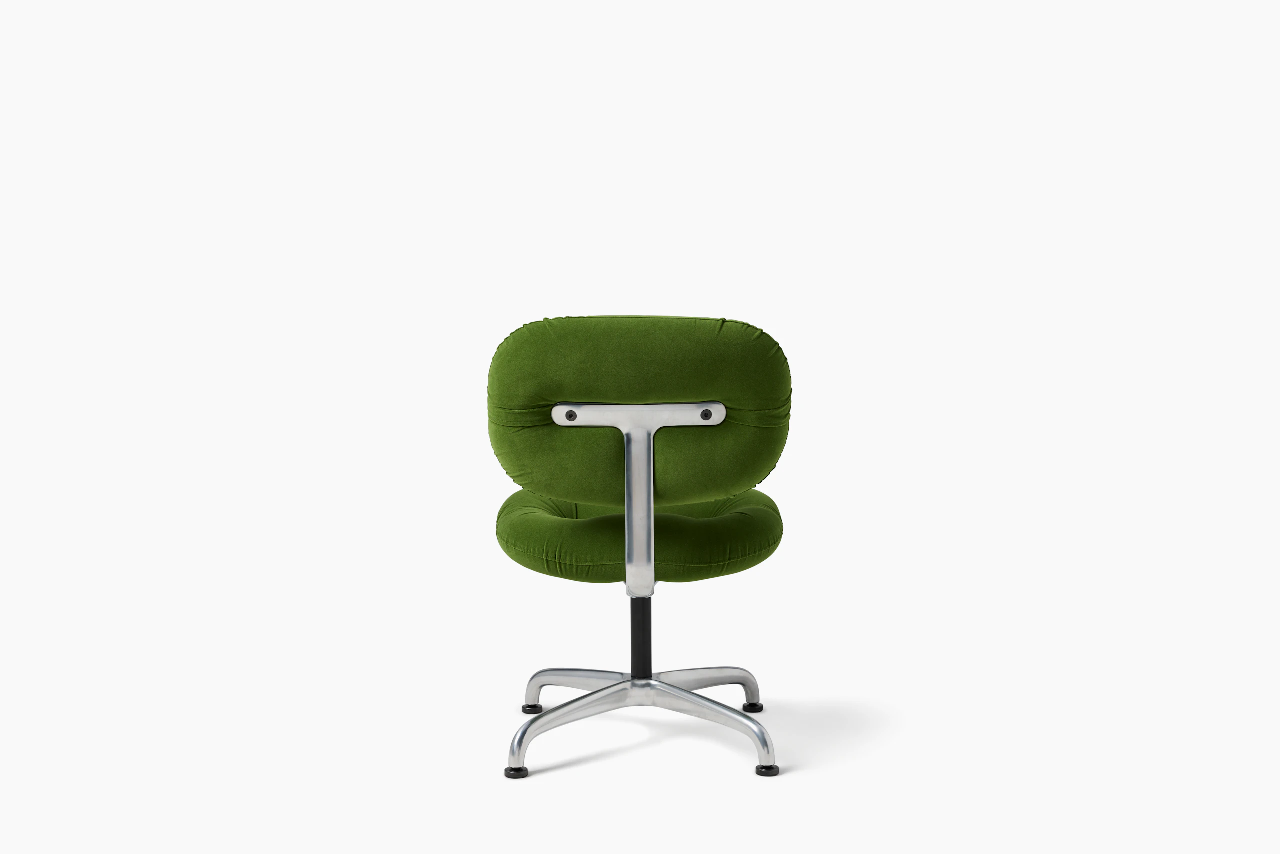 Rear view of a Morrison Hannah side chair with a Demi-polished base without arms and green upholstery.
