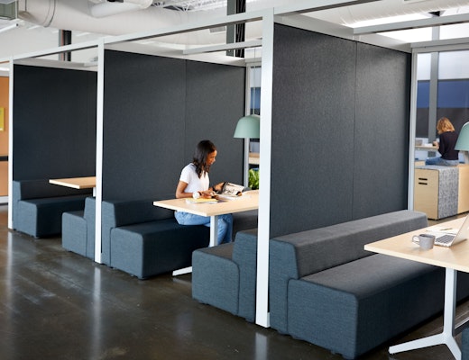 Rockwell Unscripted Small Group Private Niches with k. lounge and Muuto rockwell unscripted creative wall glass fins fixed fins k lounge dividends horizon y base table banquettes booth private enclave muuto ambit pendant lighting creative wall shared walls semi-enclosure hospitality