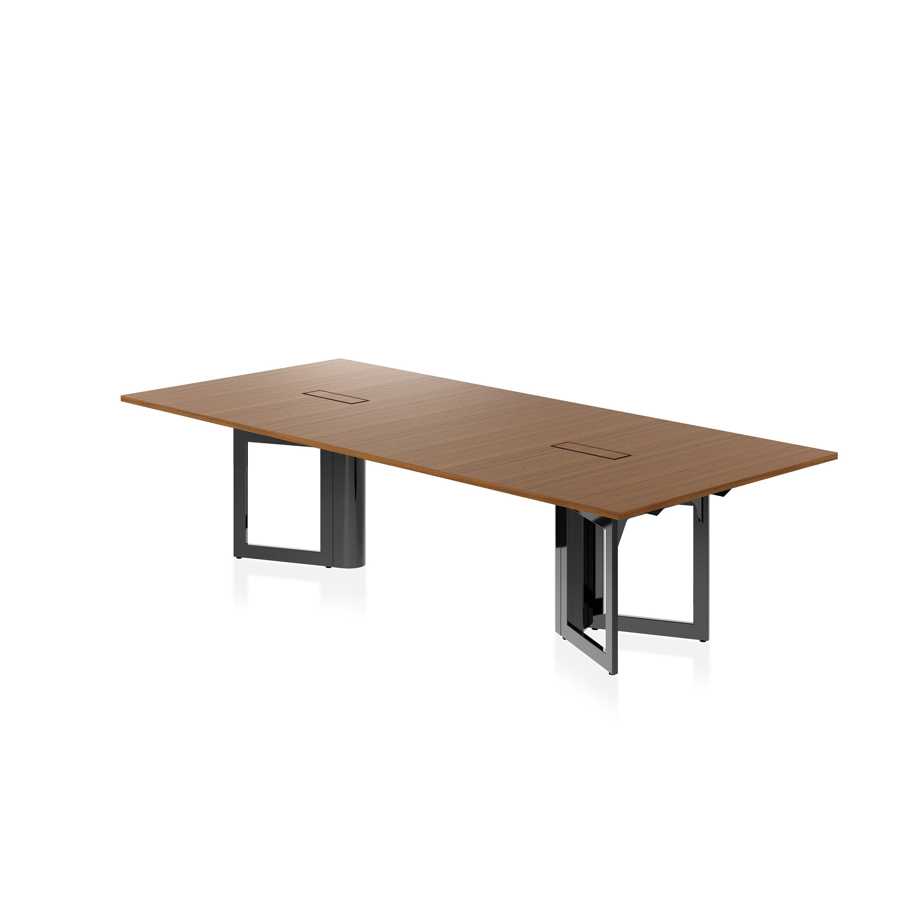 Highline Vector Conference Table in Natural Quarter Cut Walnut with a Jet Black base viewed from a 45 degree angle.