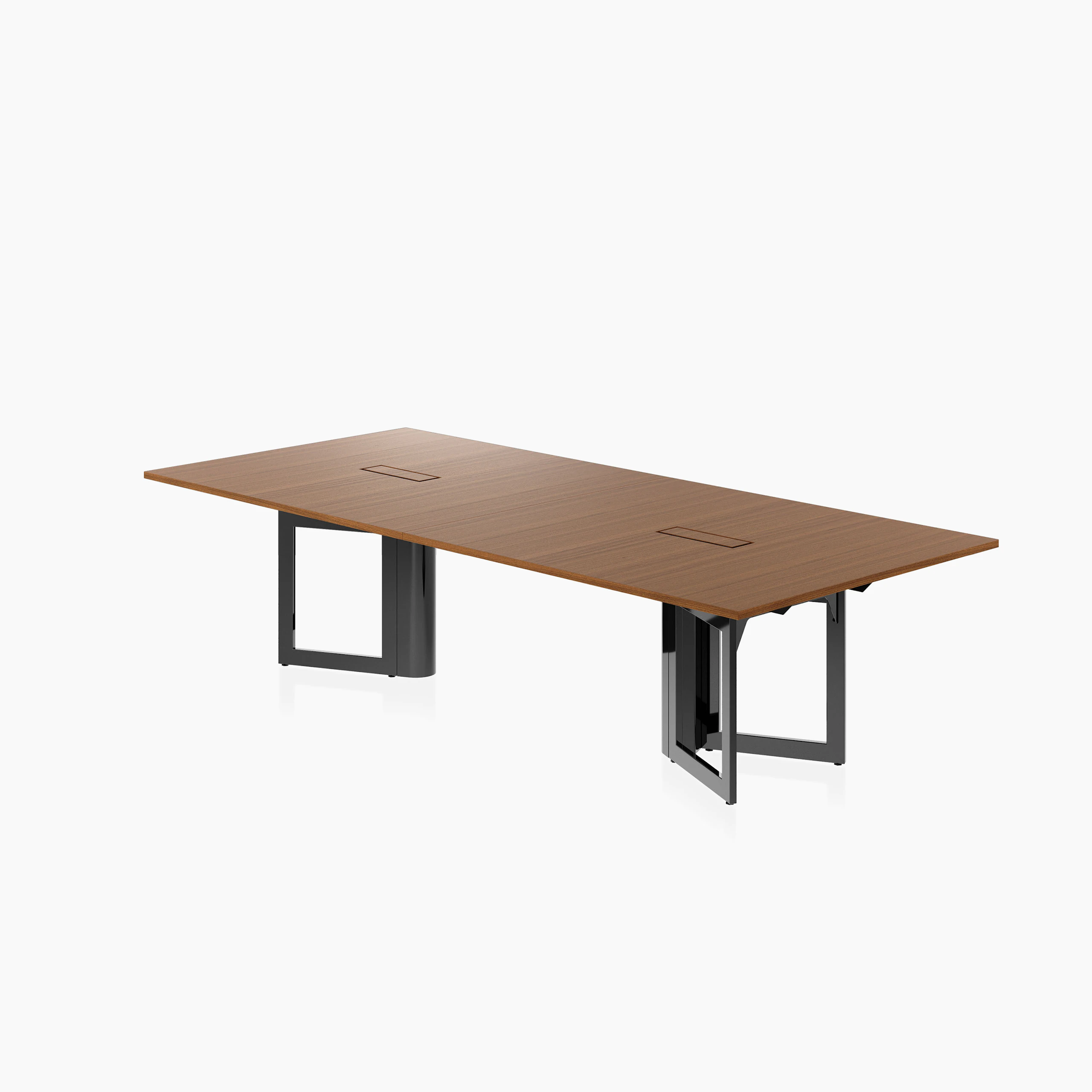 Highline Vector Conference Table in Natural Quarter Cut Walnut with a Jet Black base viewed from a 45 degree angle.