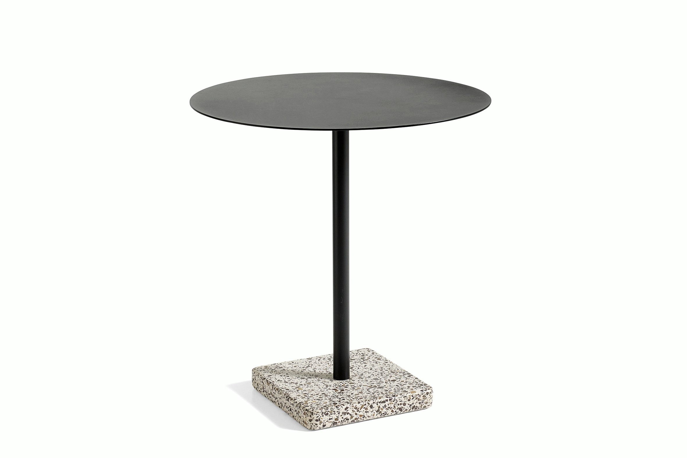 A round Terrazzo Table in black with a grey Terrazzo base.