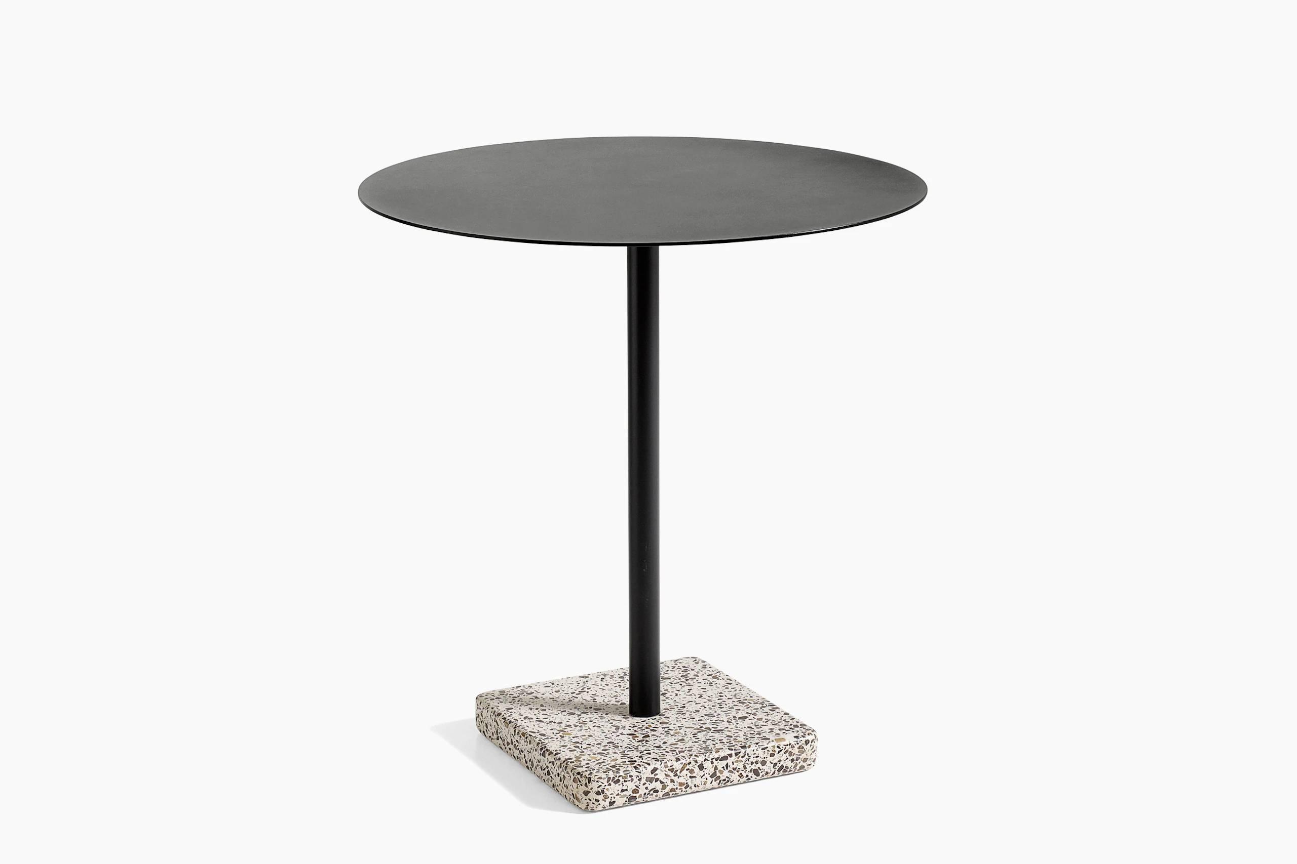A round Terrazzo Table in black with a grey Terrazzo base.