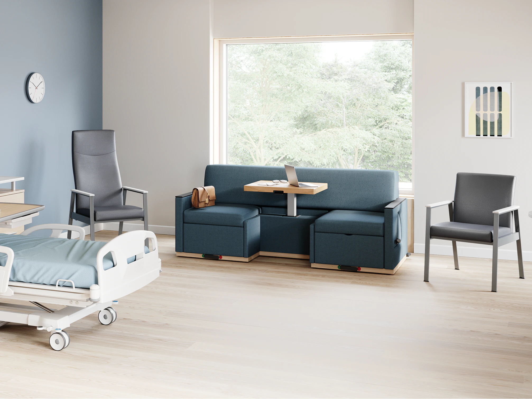 A patient room with an Easton Patient Chair, Side Chairs, Merge 2 Flop Sofa, Compass Casework, Mirage Table and Nemschoff Bedside Cabinet.