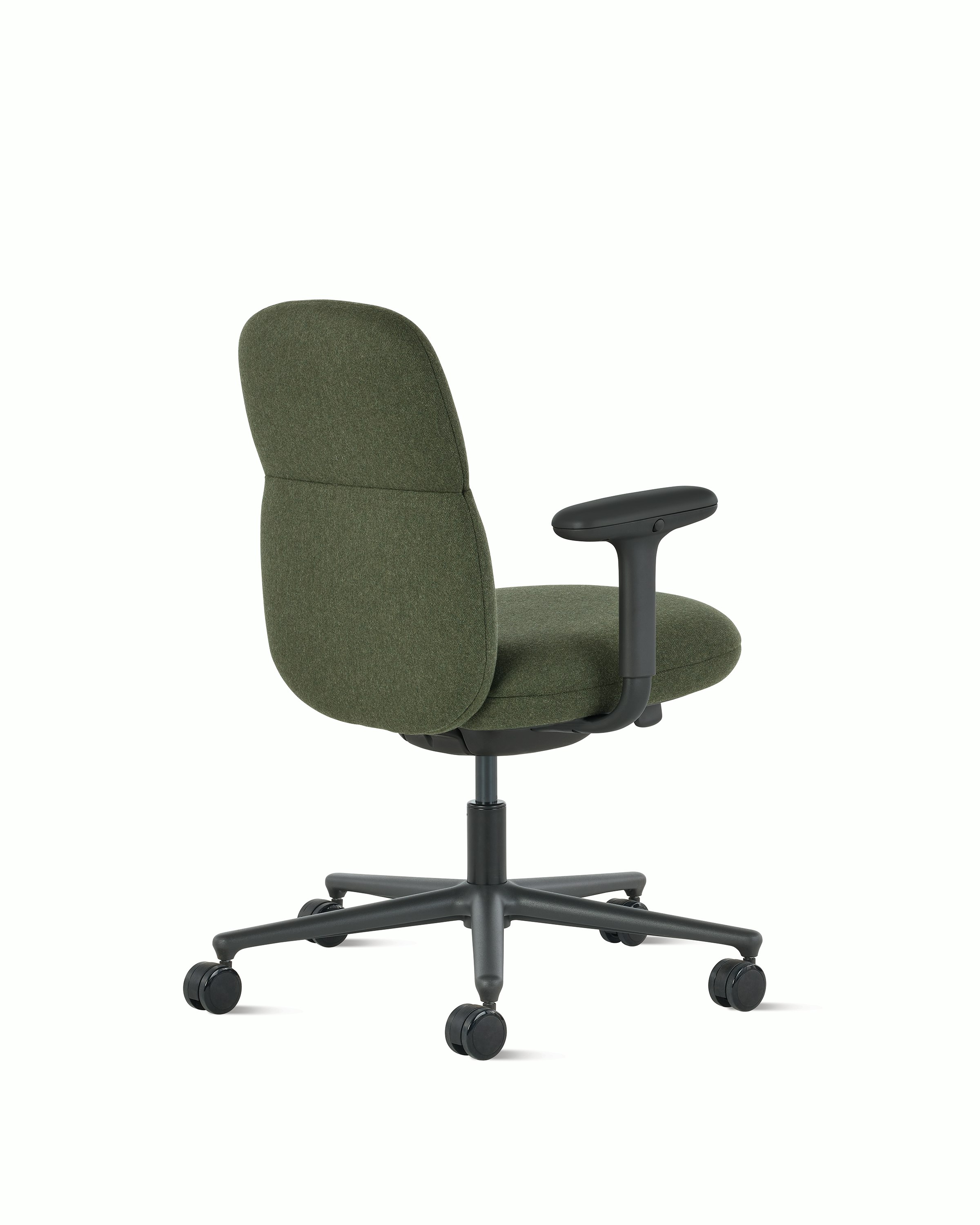 Rear angle view of a mid-back Asari chair by Herman Miller in olive green with dark grey height adjustable arms.