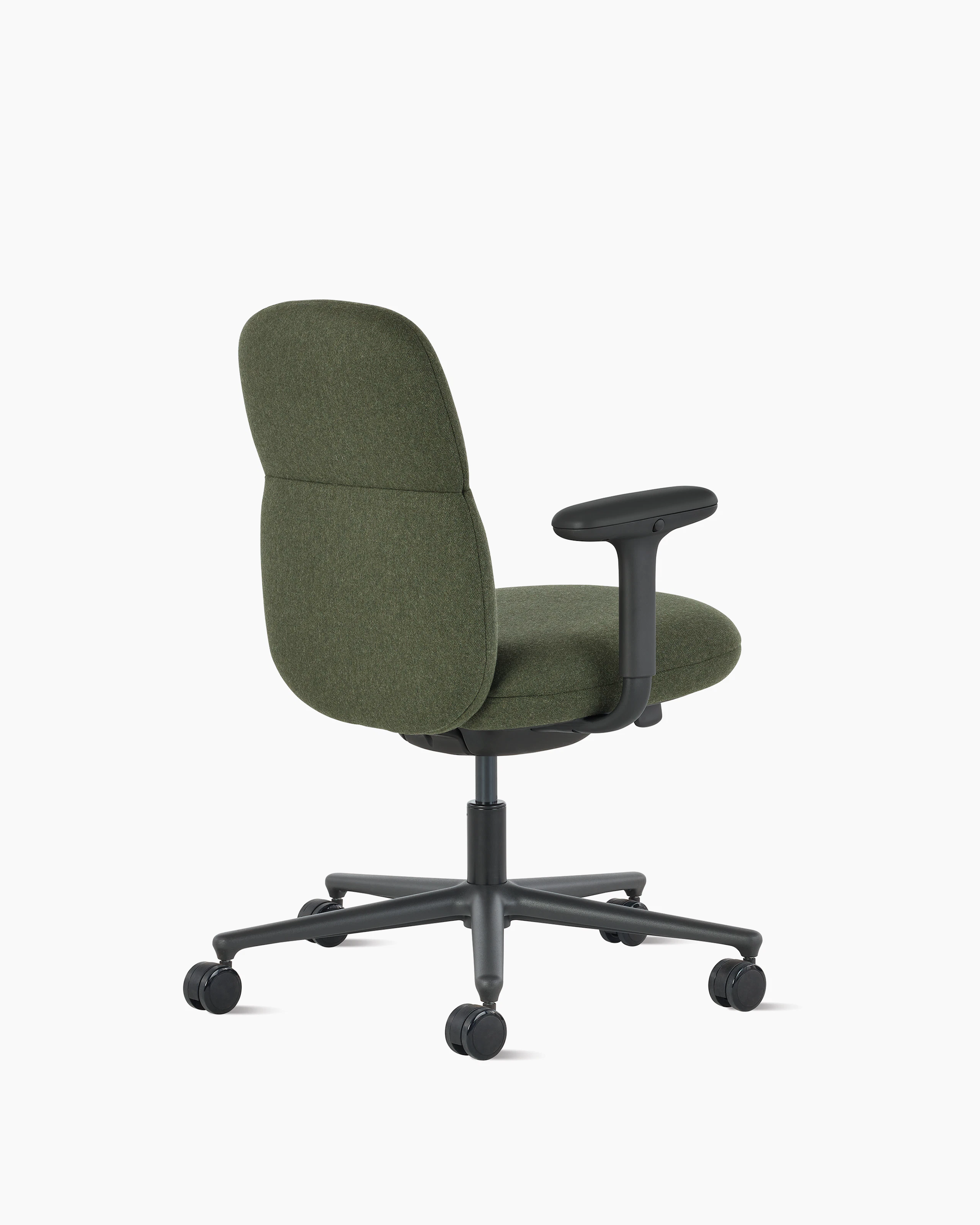 Rear angle view of a mid-back Asari chair by Herman Miller in olive green with dark grey height adjustable arms.
