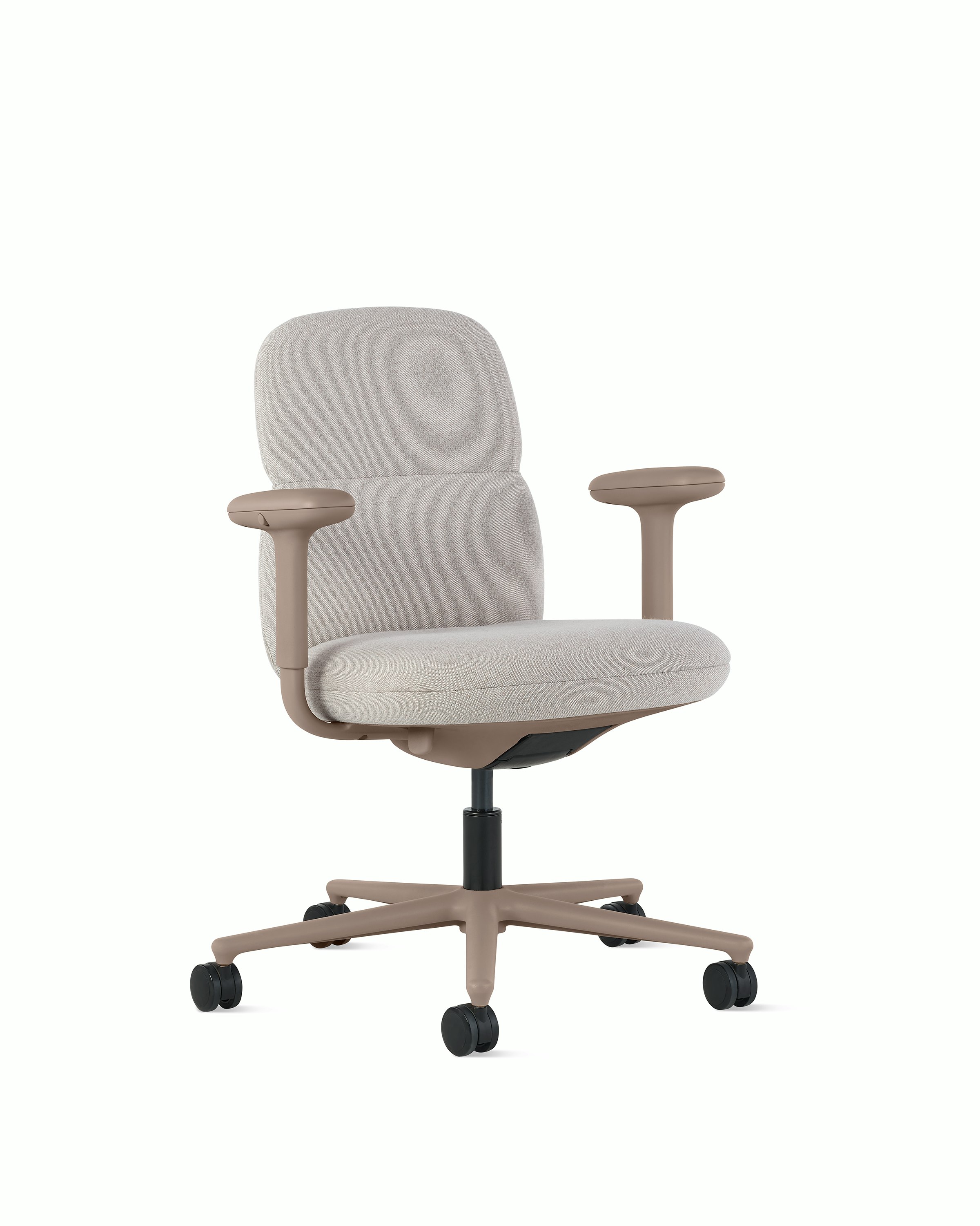 Front angle view of a mid-back Asari chair by Herman Miller in light brown with height adjustable arms.