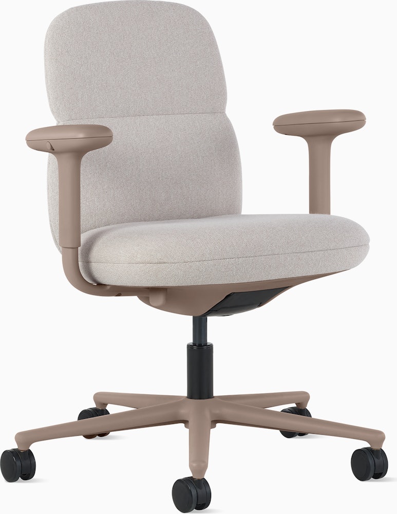 Front angle view of a mid-back Asari chair by Herman Miller in light brown with height adjustable arms.