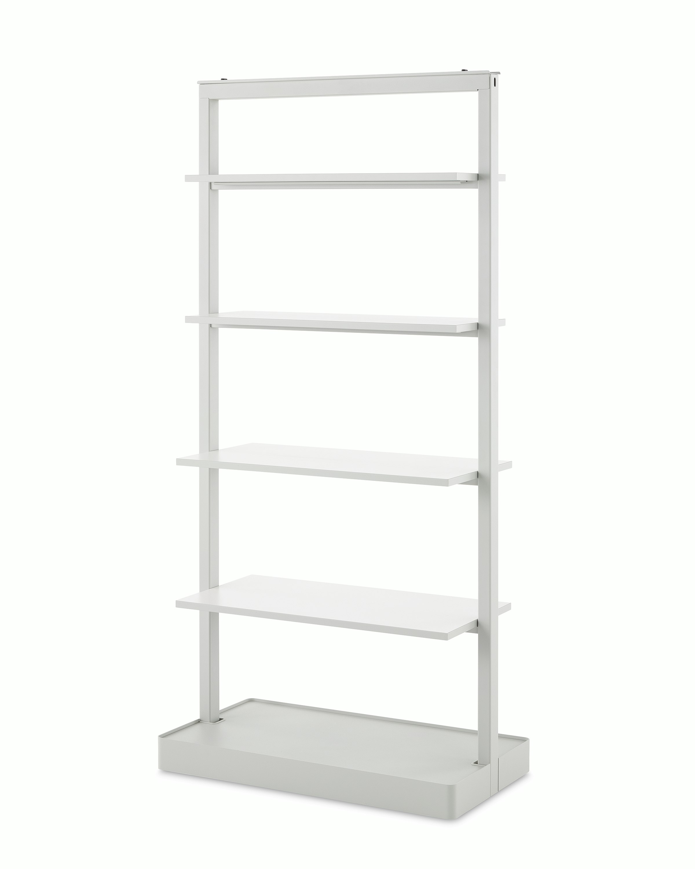 A gray OE1 Agile Wall with full shelves, viewed from an angle.