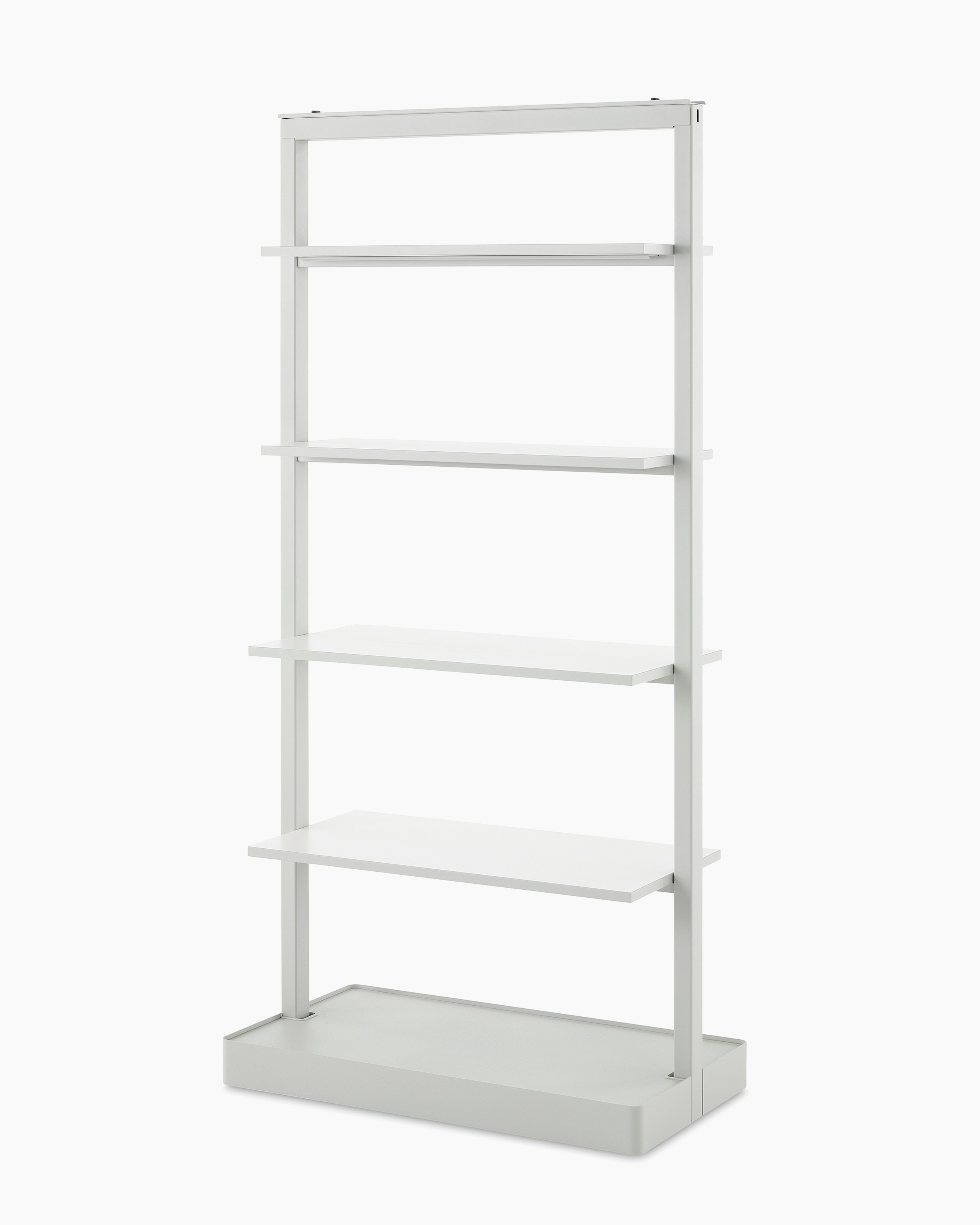 A gray OE1 Agile Wall with full shelves, viewed from an angle.