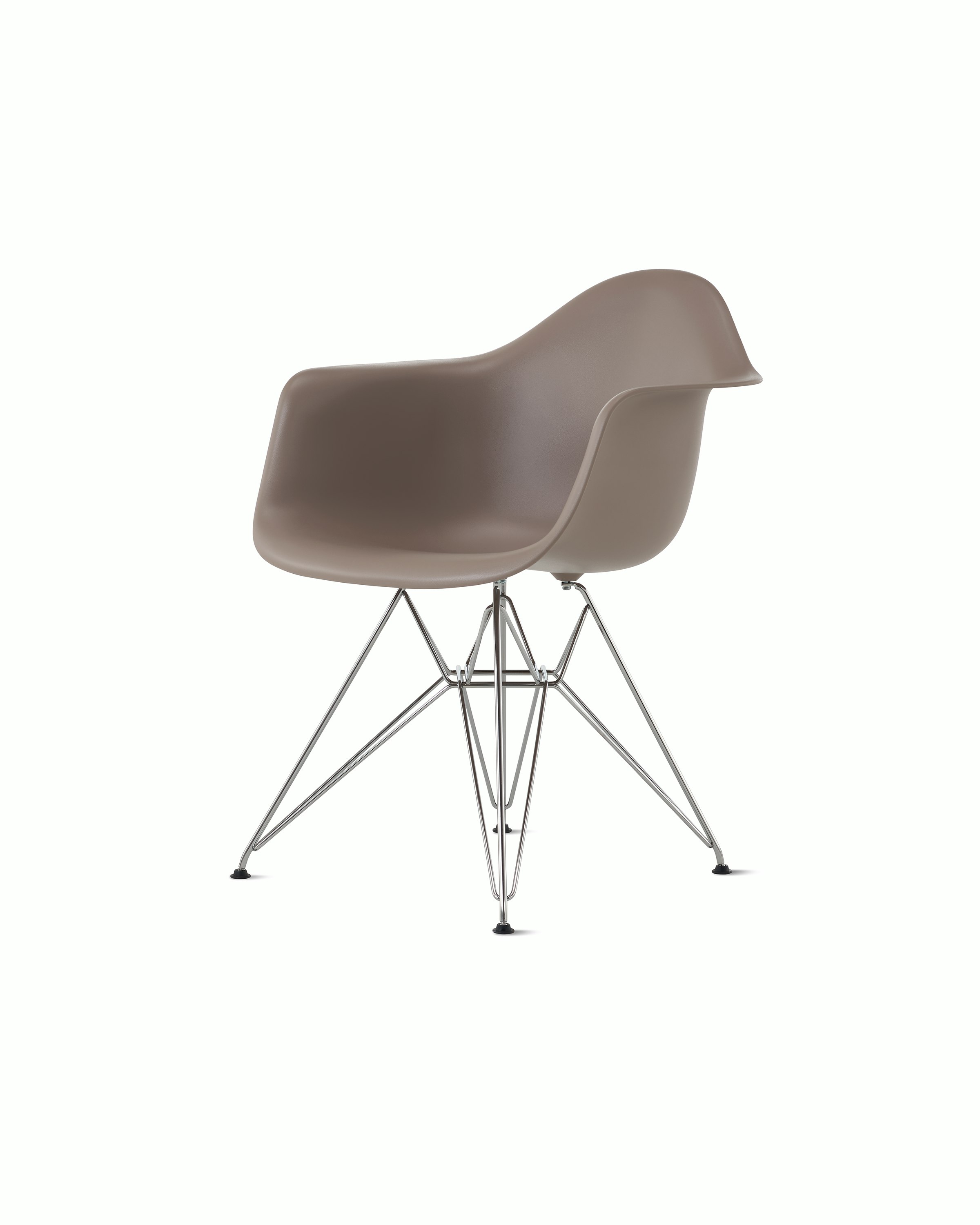 Side angle of cocoa plastic shell chair with wire base legs.