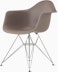 Side angle of cocoa plastic shell chair with wire base legs.