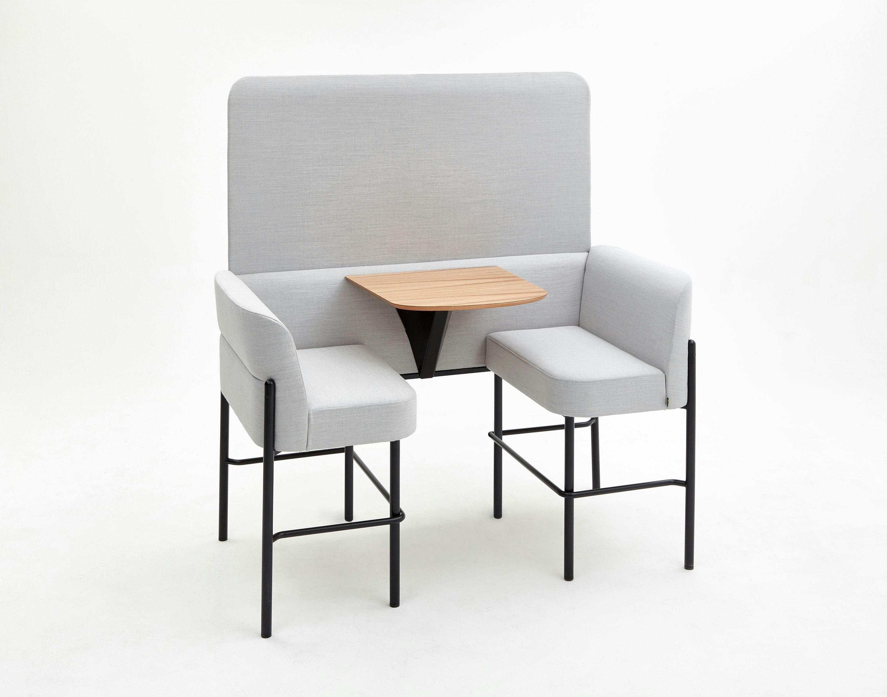 Front view of bar height Hue two seat booth with screen upholstered in grey fabric, with black steel legs and integrated oak table top.
