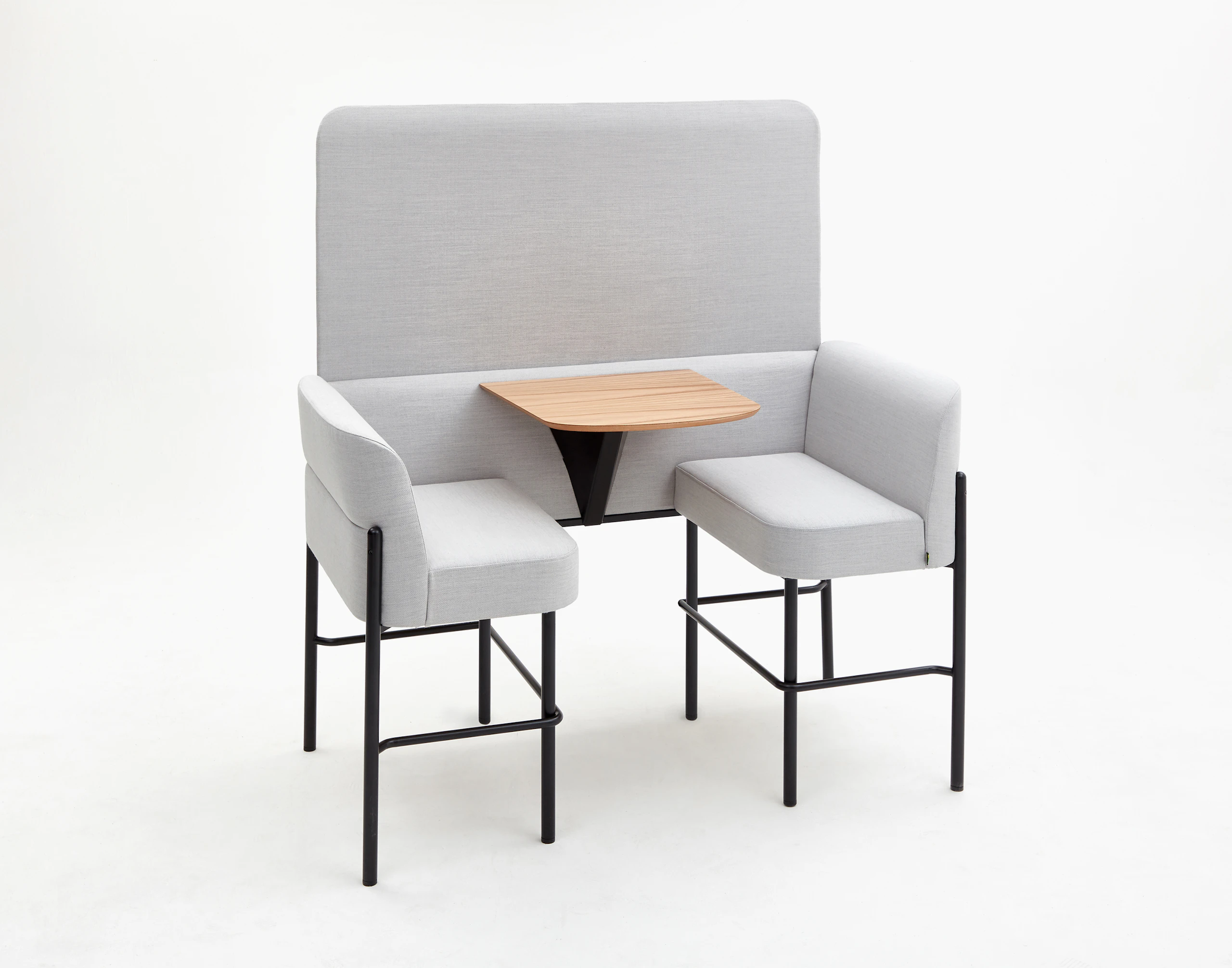Front view of bar height Hue two seat booth with screen upholstered in grey fabric, with black steel legs and integrated oak table top.