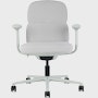 Front view of a mid-back Asari chair by Herman Miller in light grey with height adjustable arms.