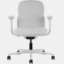 Front view of a mid-back Asari chair by Herman Miller in light grey with height adjustable arms.