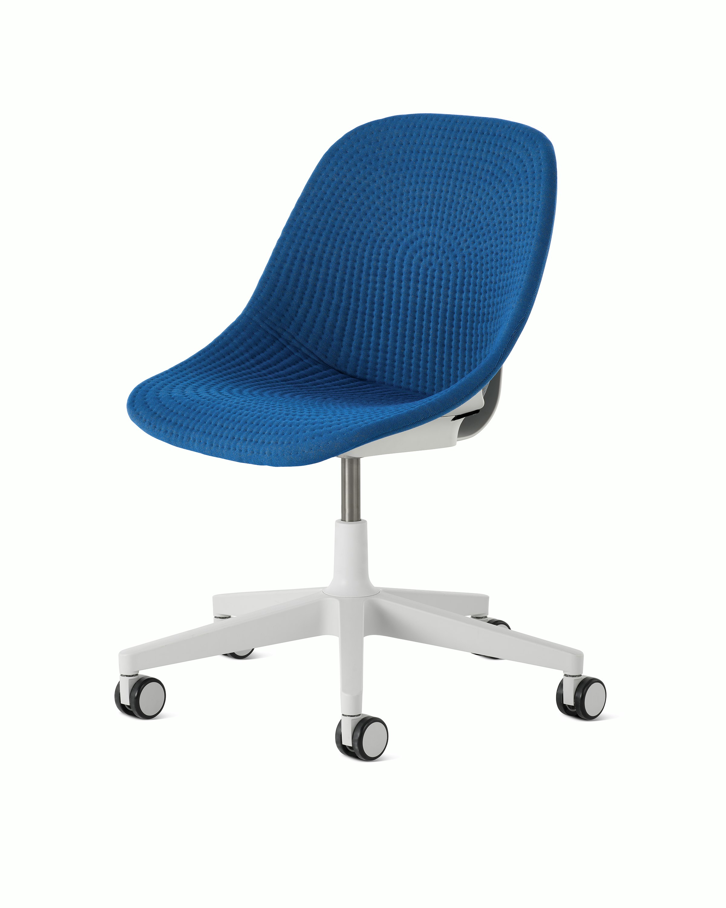 Front angle view of a Zeph chair with no arms in light grey with an ultramarine blue knit cover.