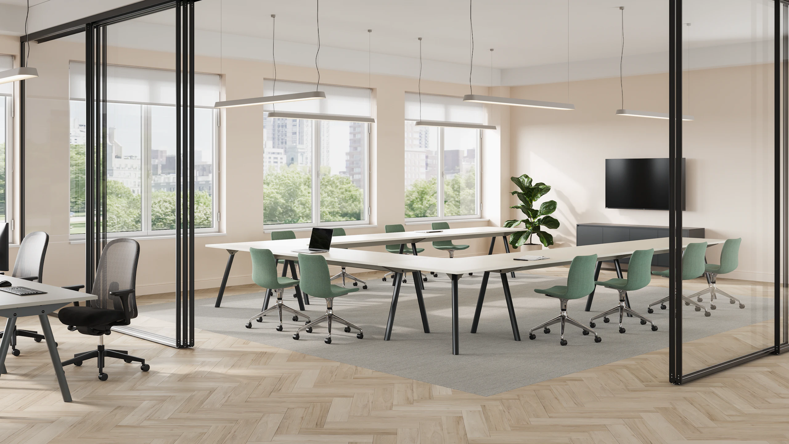Morse Tables with a Forbo Mushroom top in a horse-shaped configuration and pale green Viv Chairs.