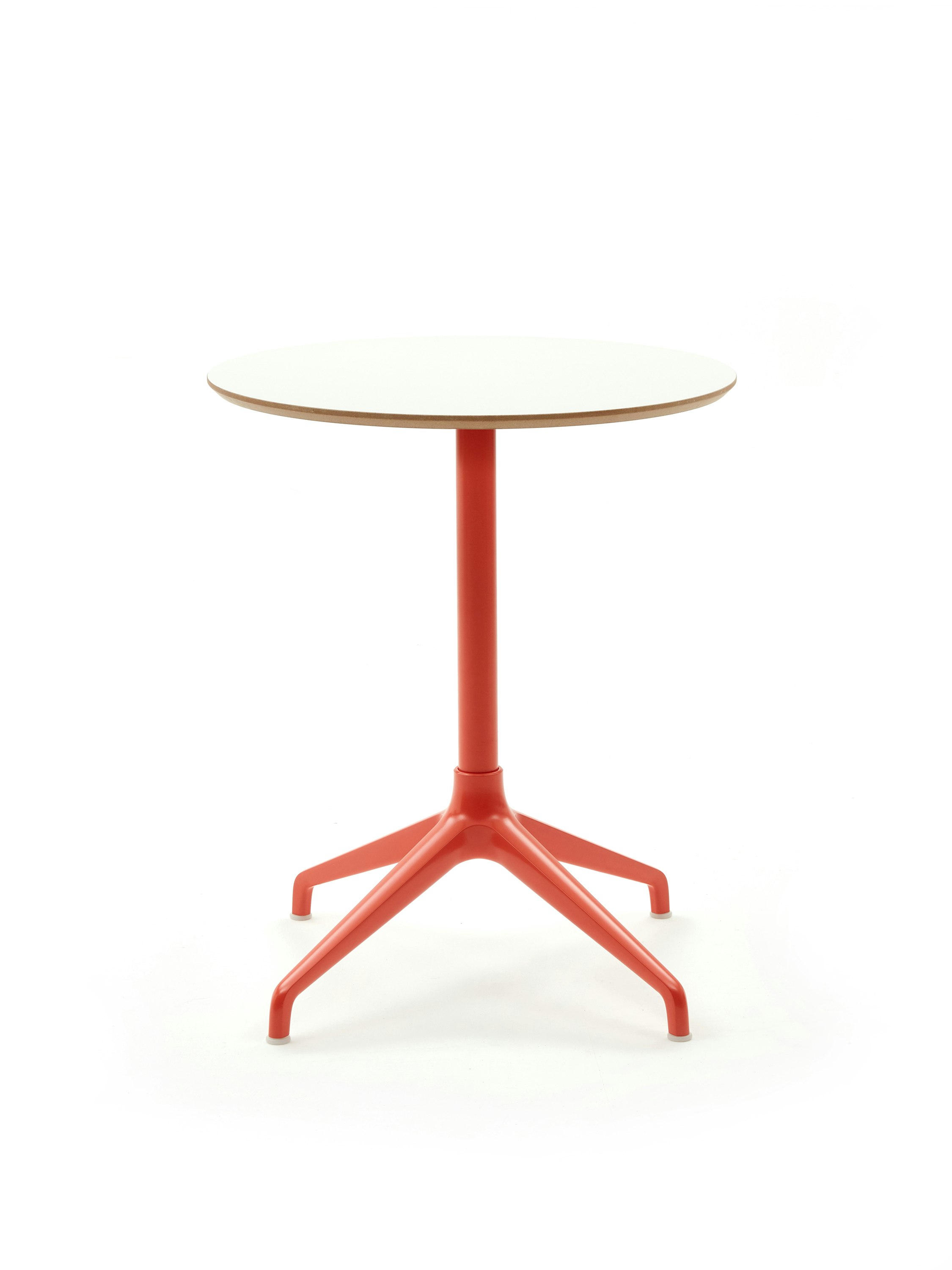 Ali Dining Table with pink 4 star base and white mfmdf circular table top.
