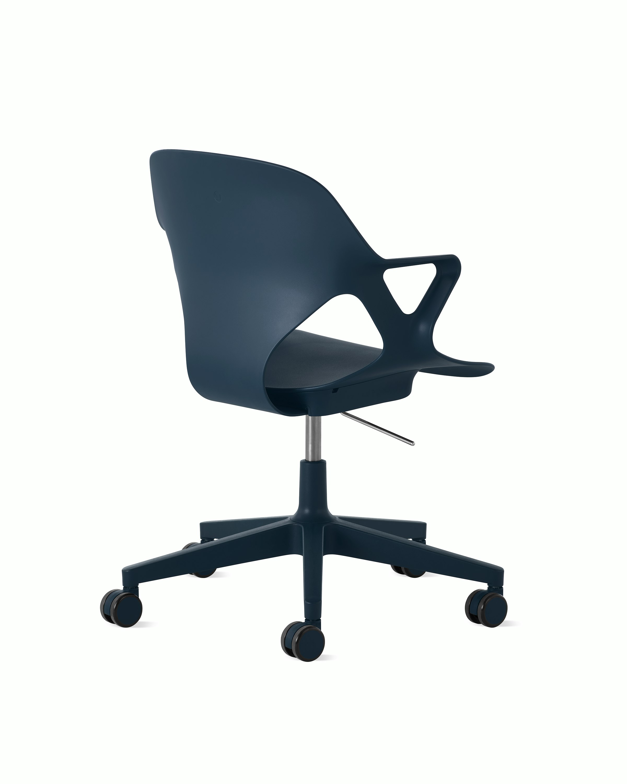 Rear angle view of a Zeph chair with fixed arms in dark blue.