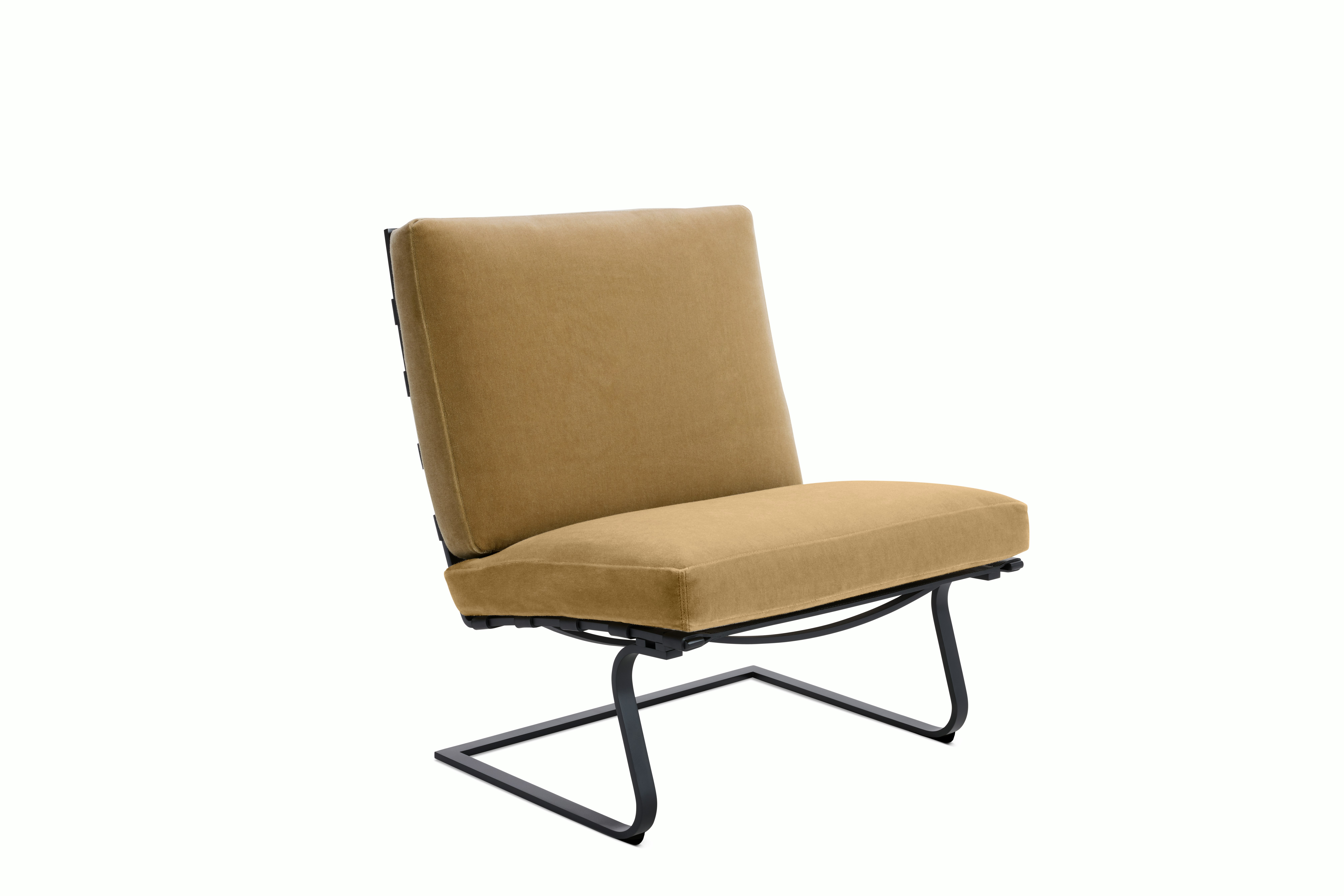 Tugendhat Chair in Knoll Velvet,  Palomino with belting in Belting Leather,  Tan and chrome frame