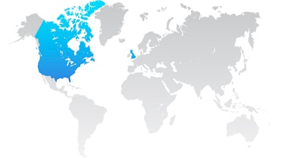 A grey map of the world with the US, Canada, and the UK highlighted in blue
