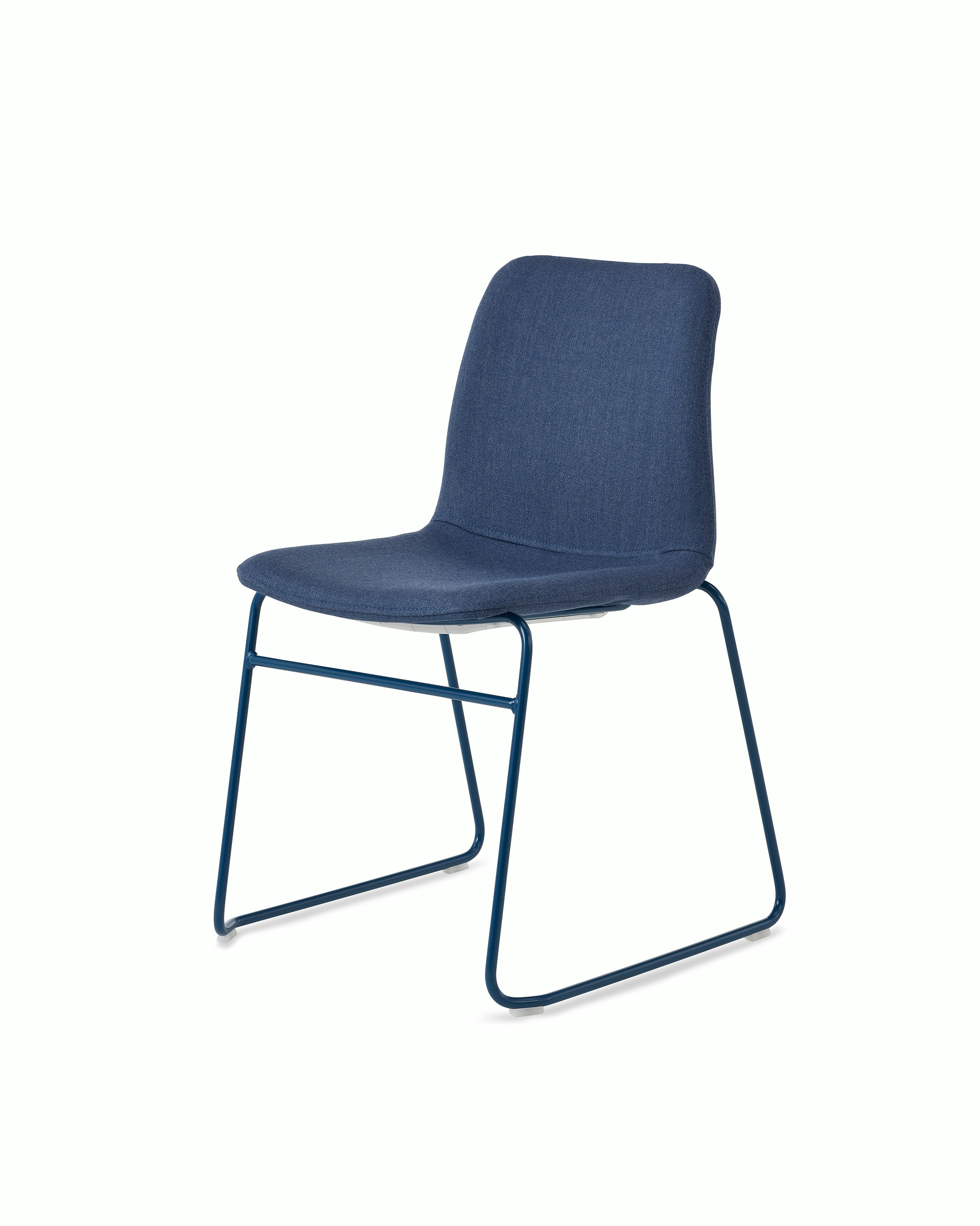 White sweep of Viv chair with dark blue fabric and dark blue steel sled base