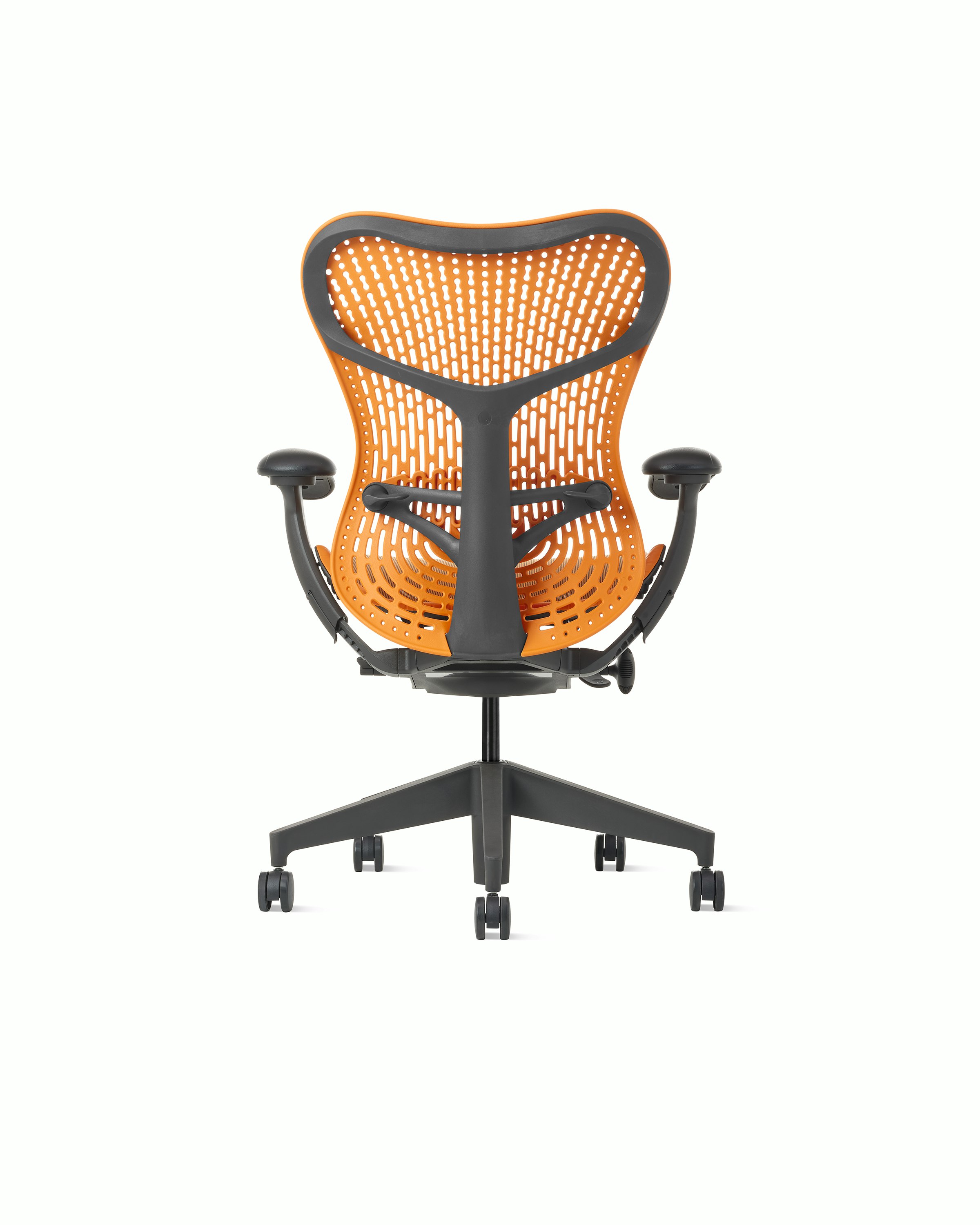 Rear view of a Mirra2 chair with a Trflex back in ochre. 