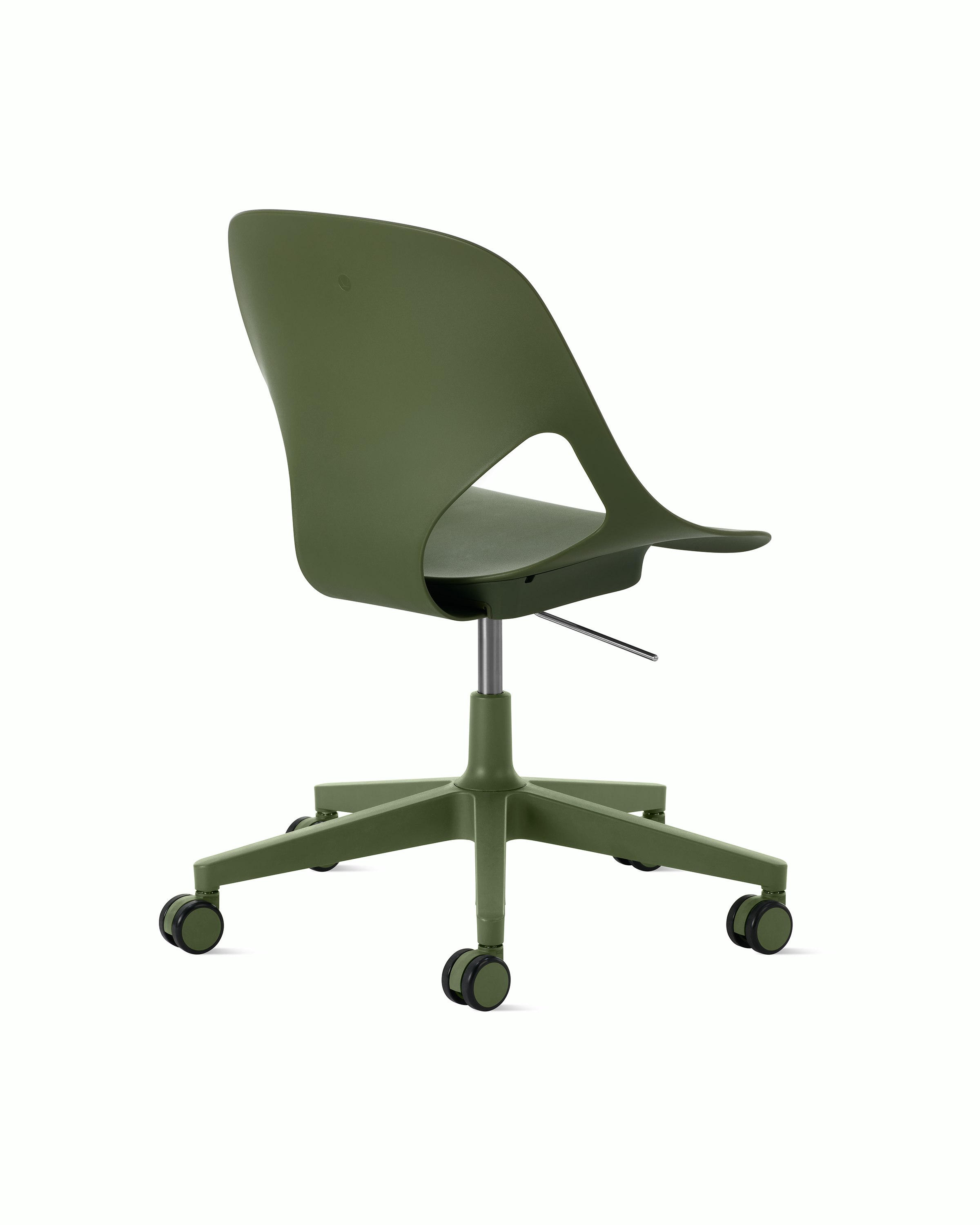 Rear angle view of an olive armless Zeph chair.