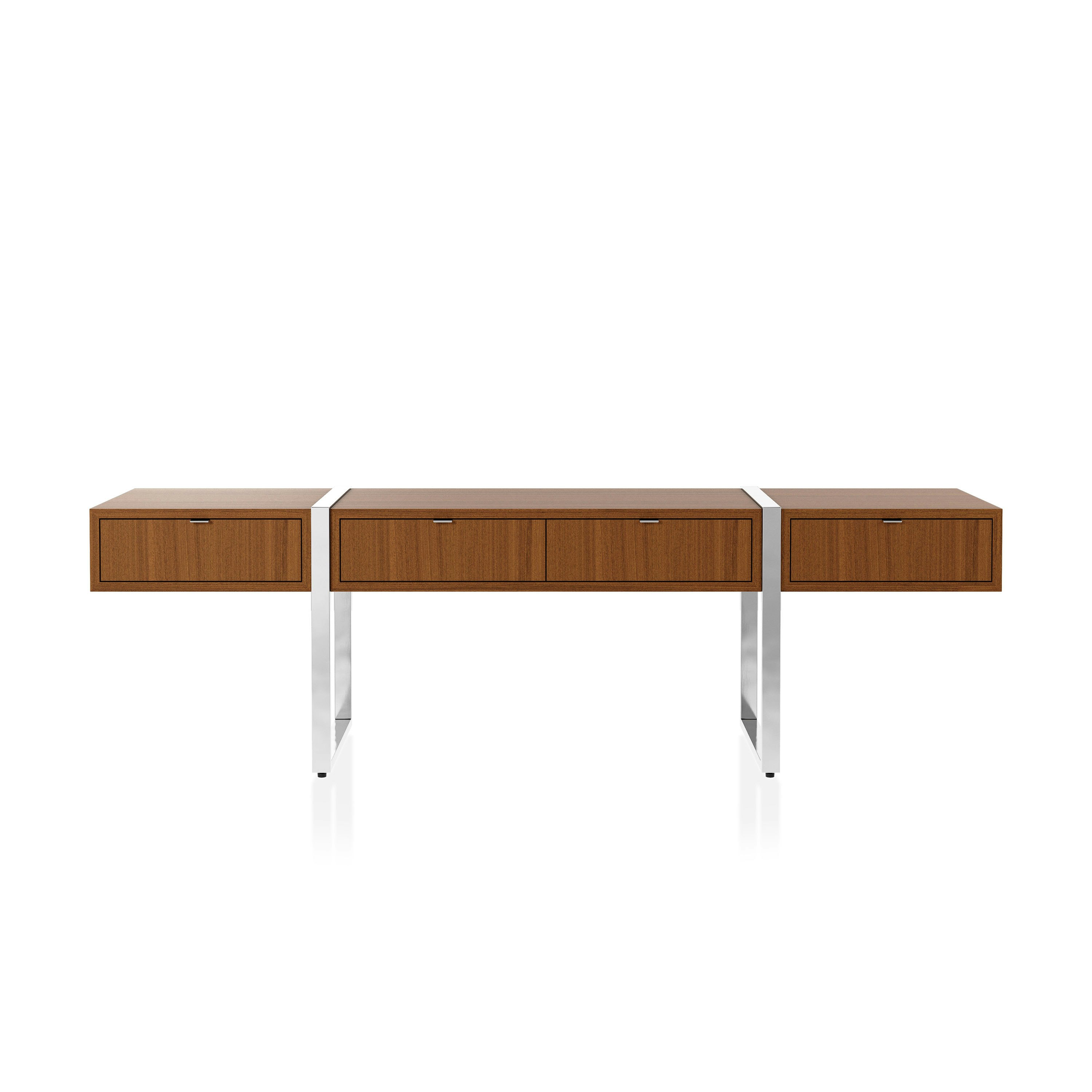 Highline Credenza in Natural Quarter Cut Walnut with Polished Chrome pull tabs and legs viewed from the front.
