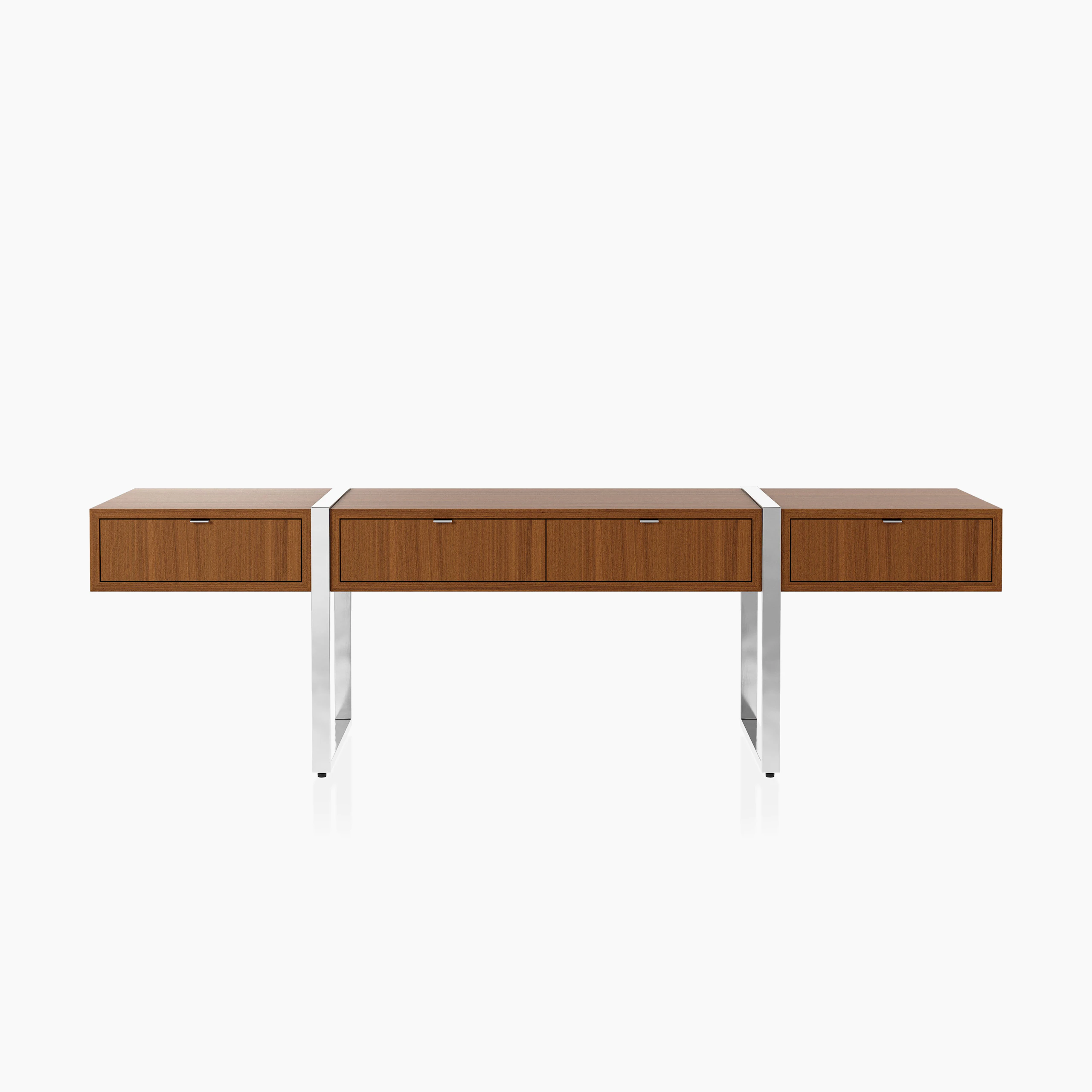 Highline Credenza in Natural Quarter Cut Walnut with Polished Chrome pull tabs and legs viewed from the front.