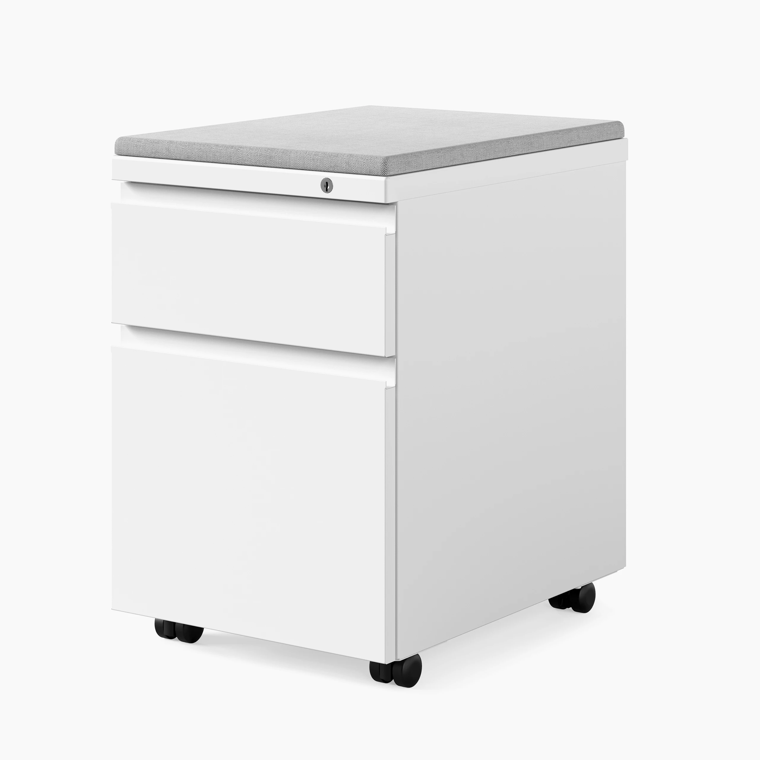 White Series 2 mobile pedestal storage with grey cushion top and black casters, viewed from a front angle.