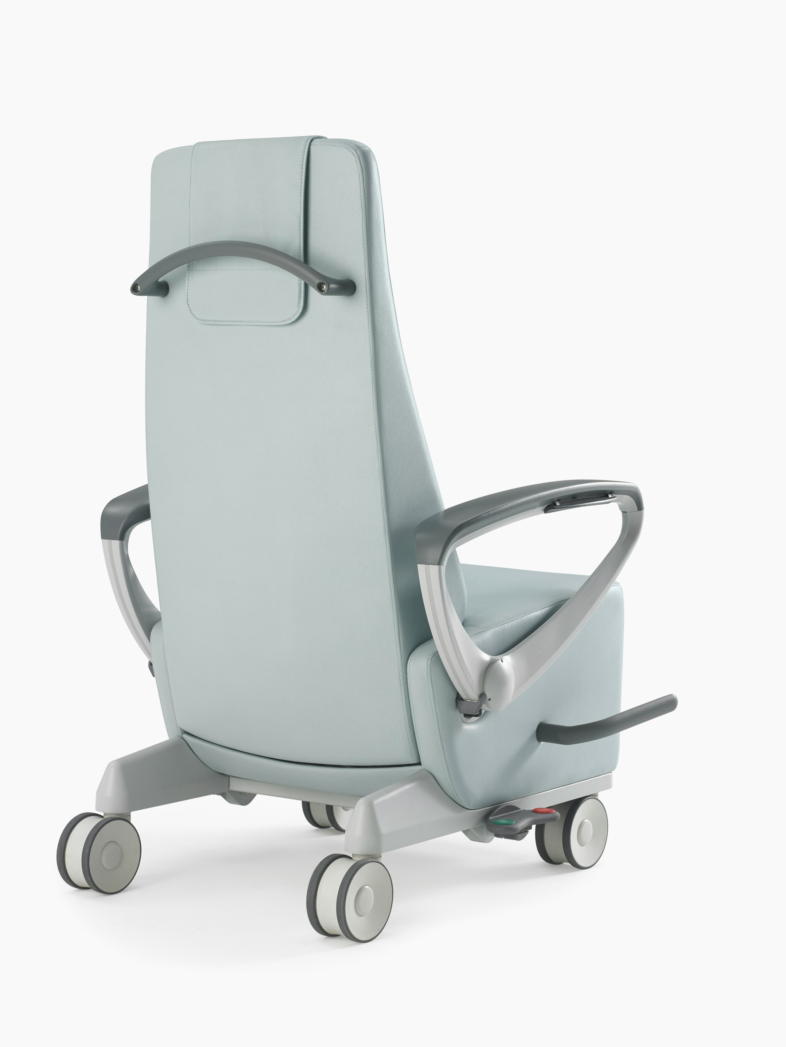 Nemschoff Ava Recliner with arcade back in a light blue upholstery, viewed from the back angle.