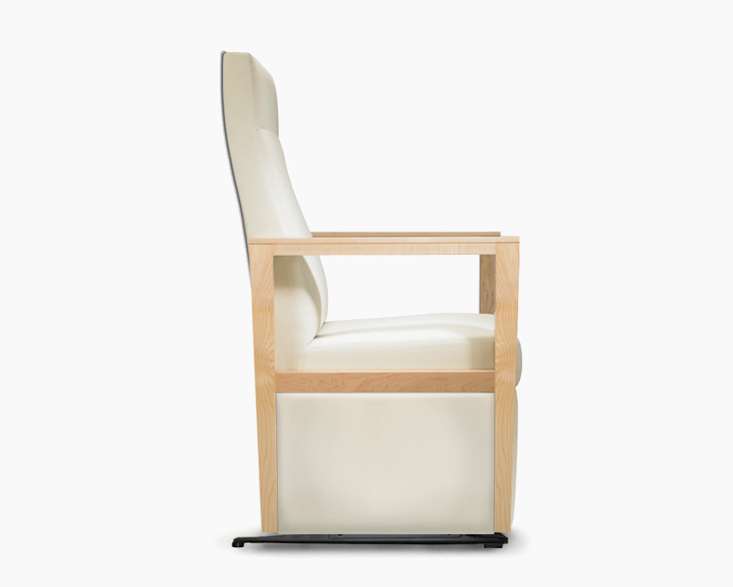 A side view of a Brava Glider with high back in white textile with open maple wood arms.