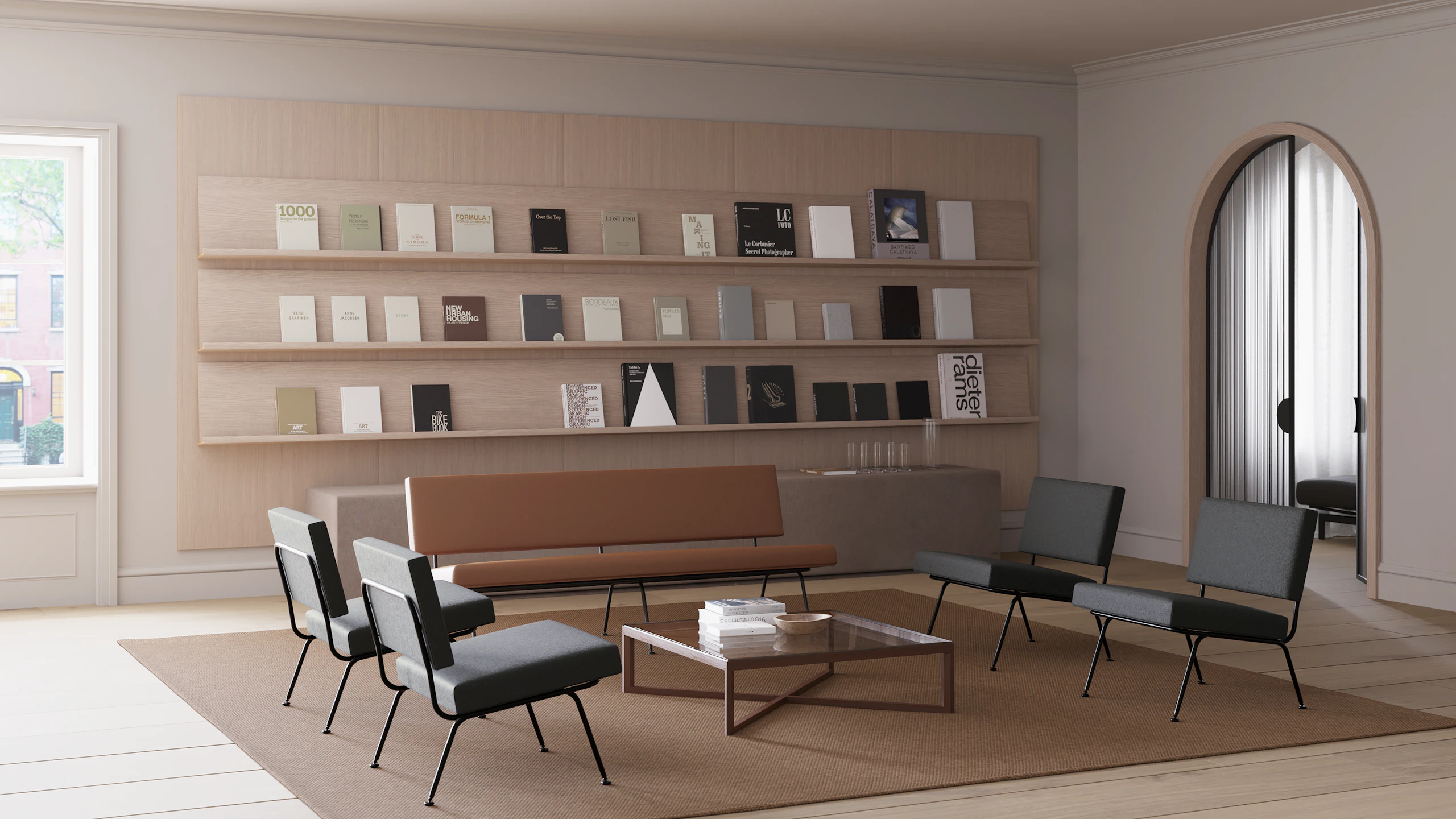 A bright reception area with Florence Knoll Model 31 and Florence Knoll Model 33 around a Knoll Krusin Coffee Table.