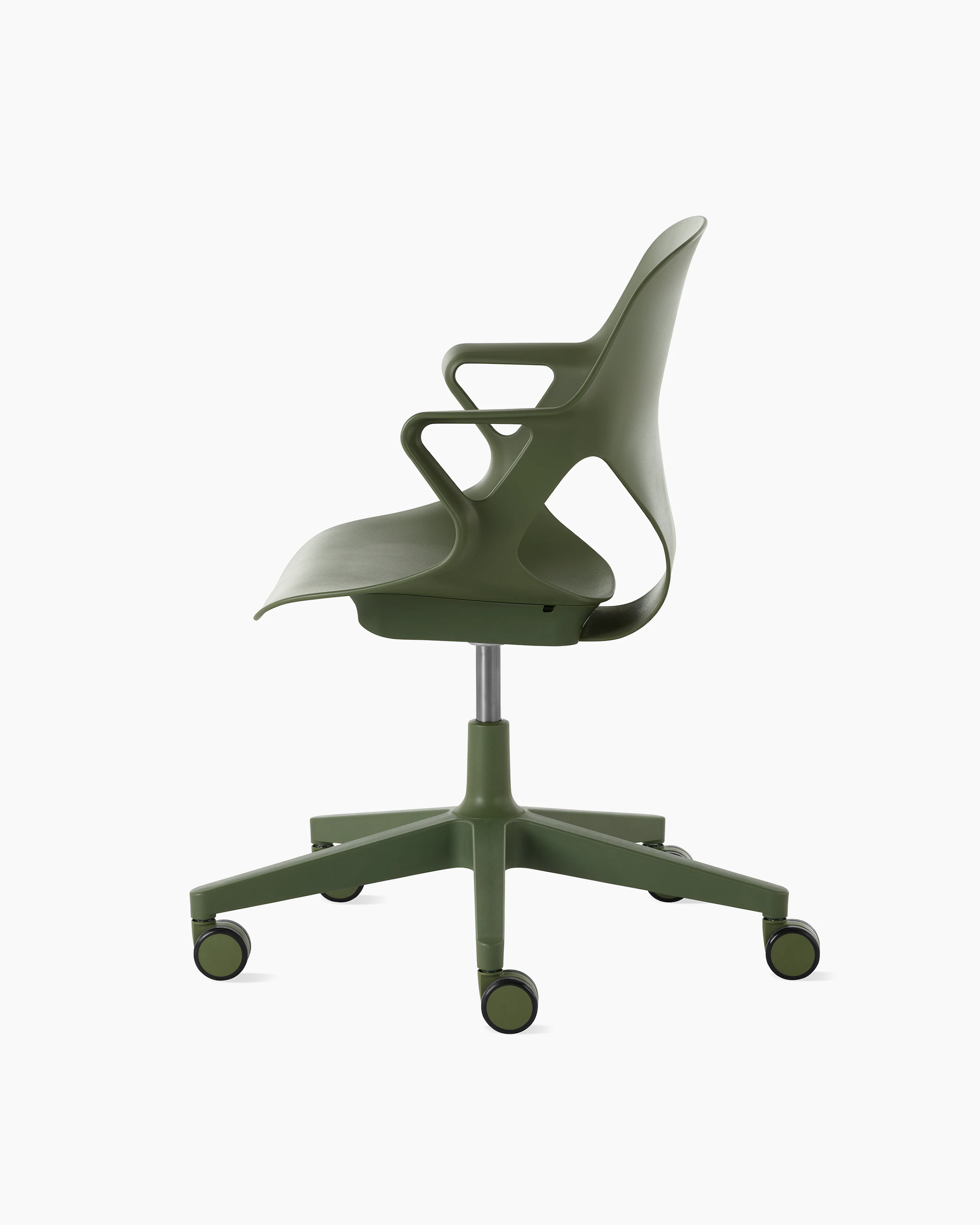 Side view of a Zeph chair with fixed arms in olive.