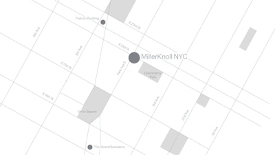 A grey and white map of the area surrounding 251 Park Avenue South in New York City showing the location of the MillerKnoll NYC Flagship