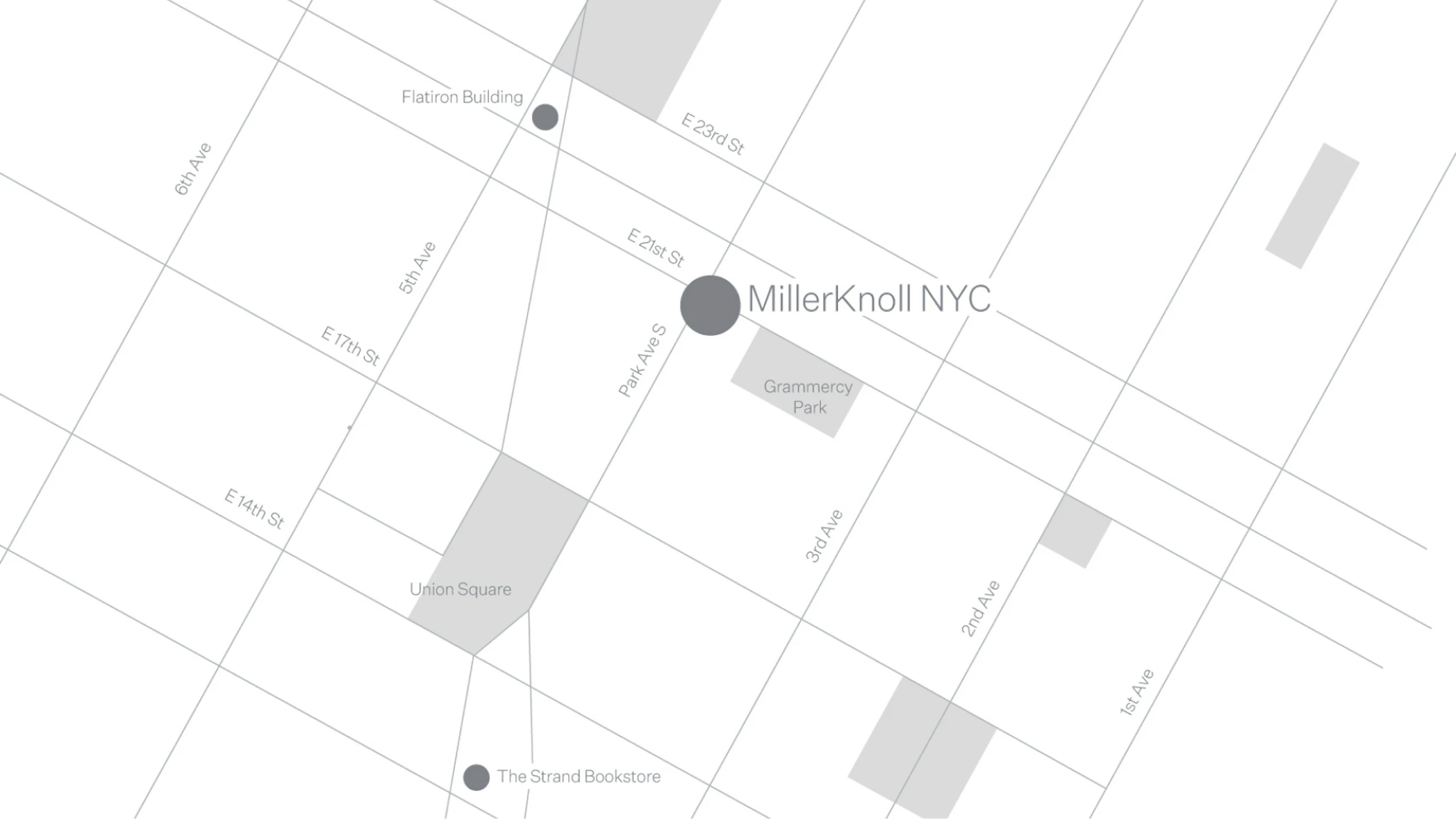 A grey and white map of the area surrounding 251 Park Avenue South in New York City showing the location of the MillerKnoll NYC Flagship