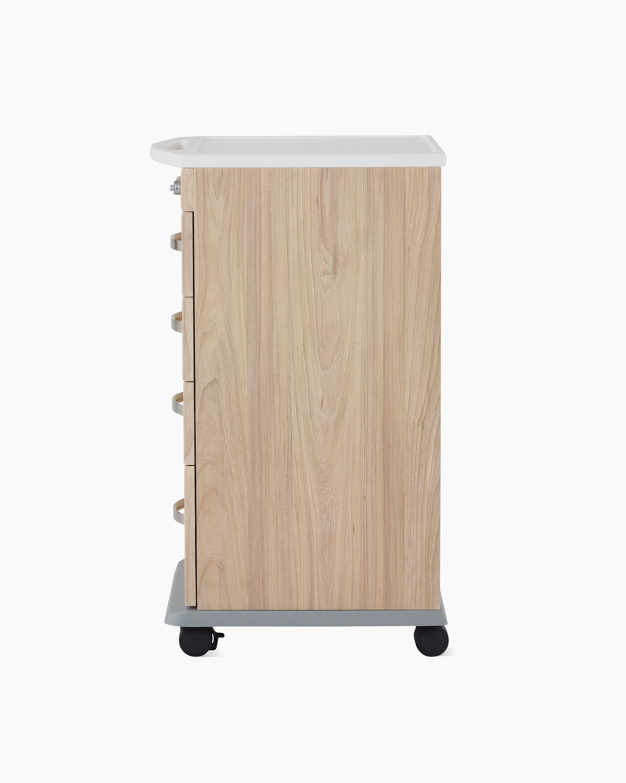 Side view of a Compass casework 4-drawer supply cart in a warm elm finish.