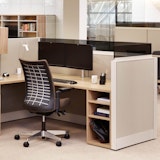 Dividends Horzon Workstation with Anchor Storage laminate fronts wood grain laminate cubby open personal storage floorstanding sliding door add up glass doublewide pedestal overhead storage task light task chair open pedestal