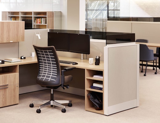 Dividends Horzon Workstation with Anchor Storage laminate fronts wood grain laminate cubby open personal storage floorstanding sliding door add up glass doublewide pedestal overhead storage task light task chair open pedestal