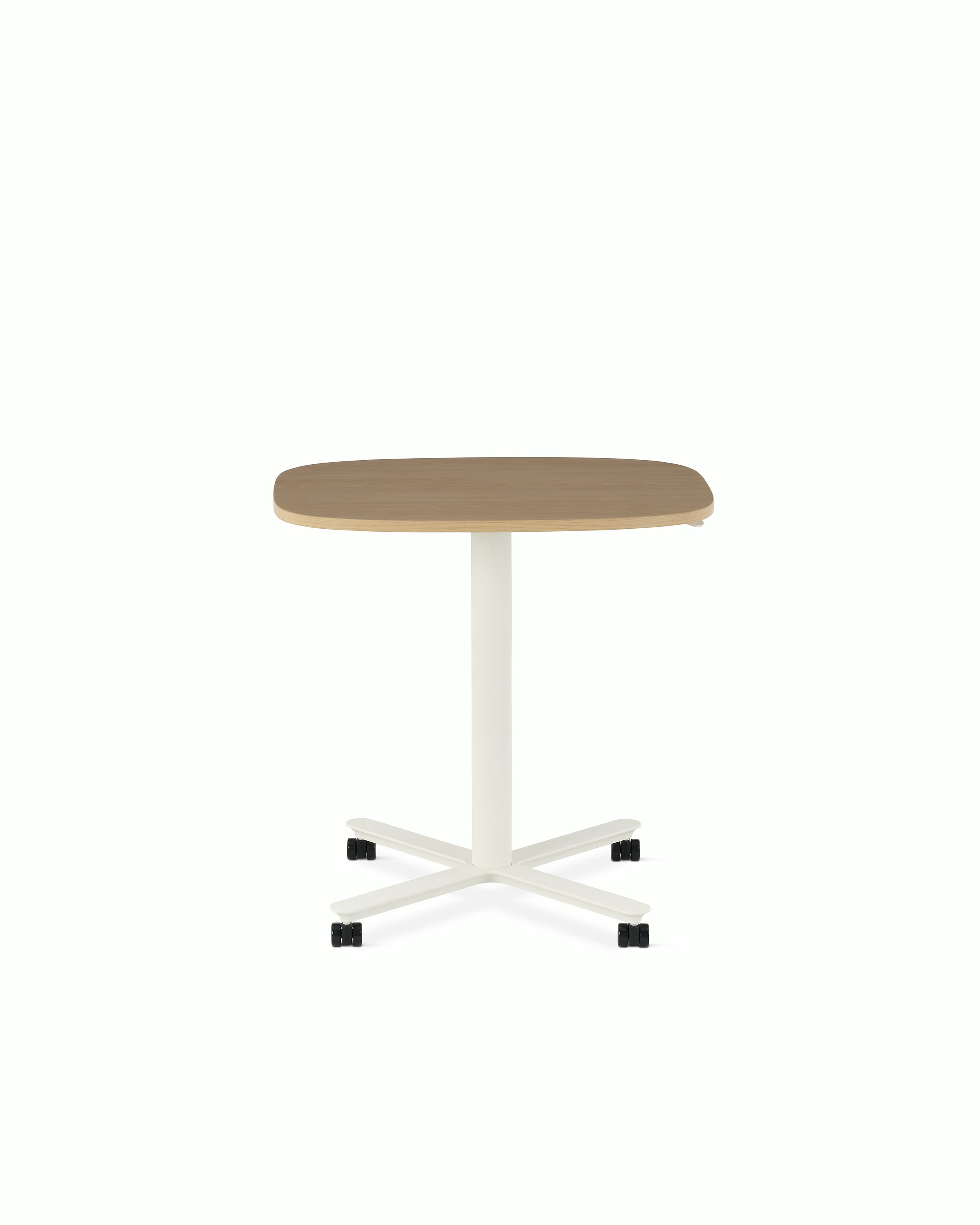 Large Passport Work Table with light woodgrain surface and white base shown on casters.