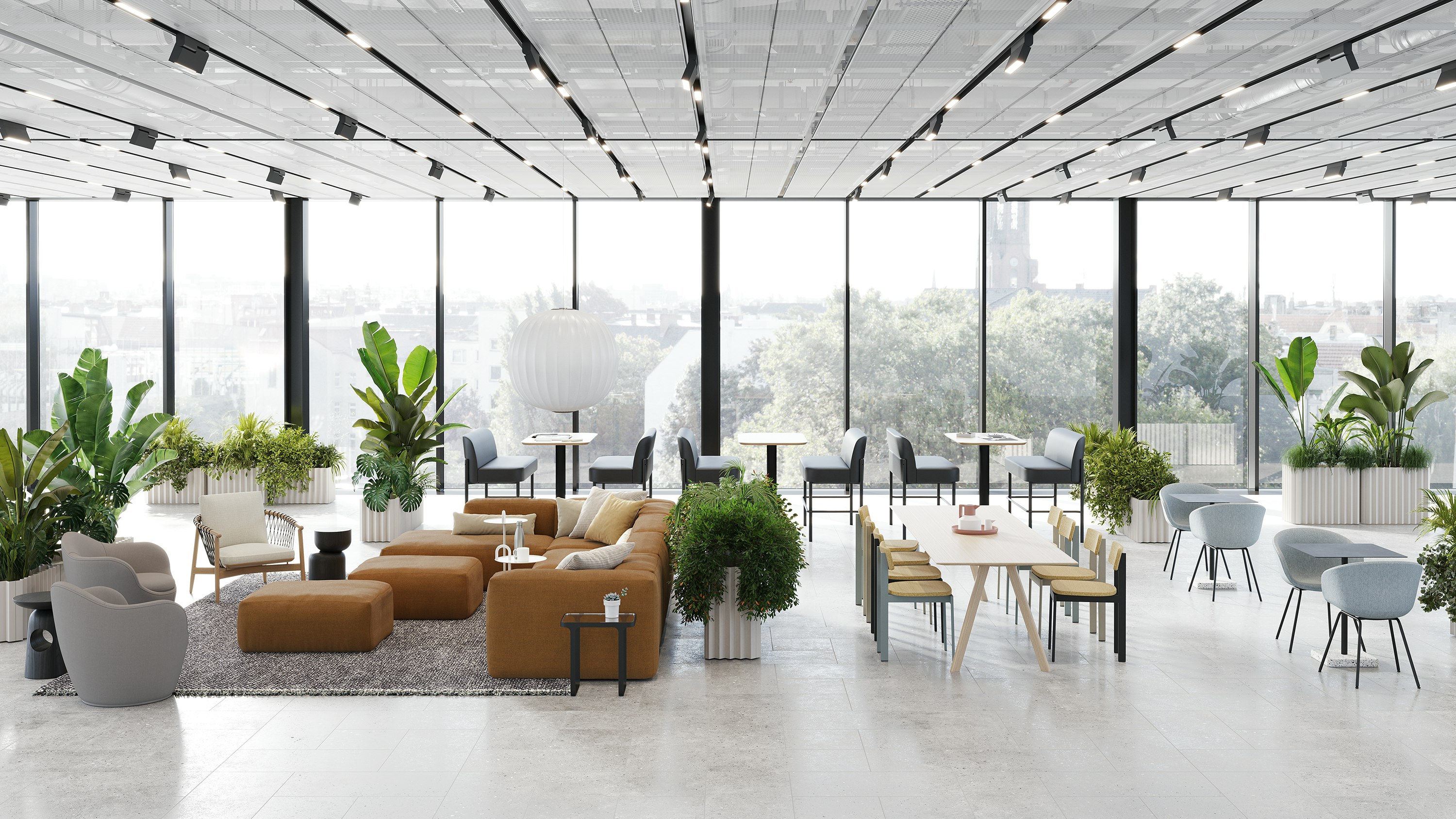 A modern hub setting featuring various lounge and work settings with products from Herman Miller, HAY, naughtone, DWR, and Geiger.