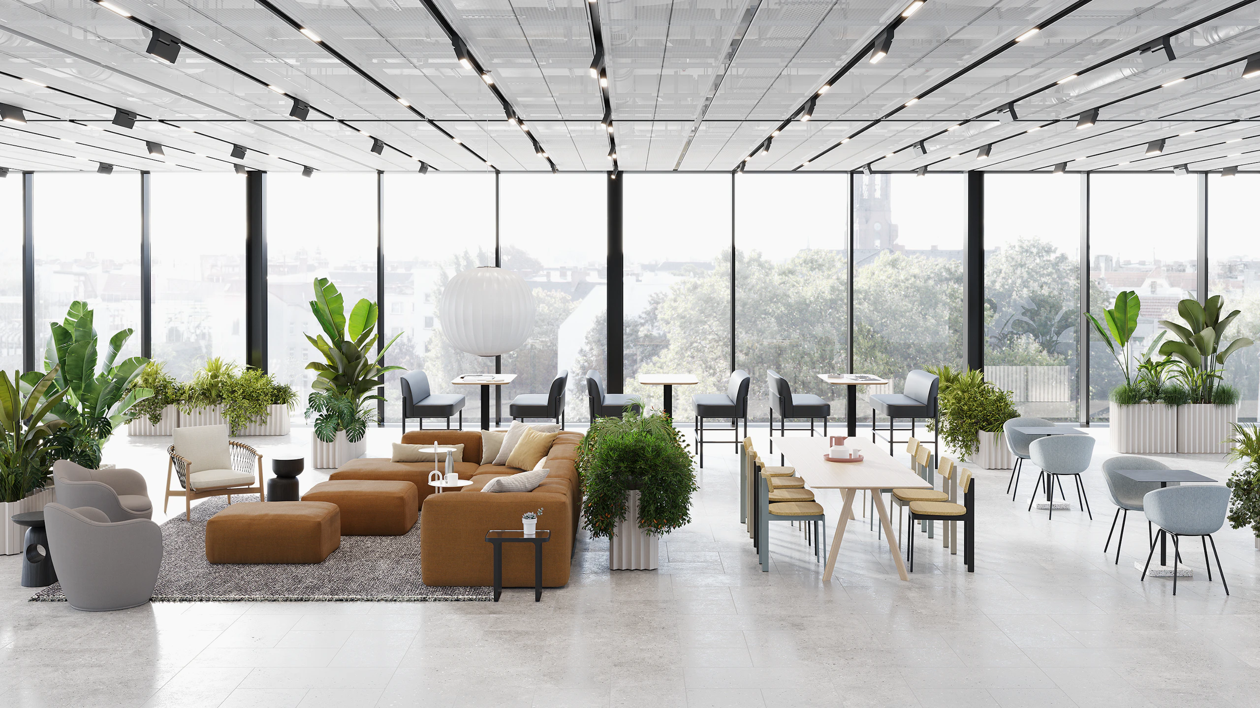 A modern hub setting featuring various lounge and work settings with products from Herman Miller, HAY, naughtone, DWR, and Geiger.