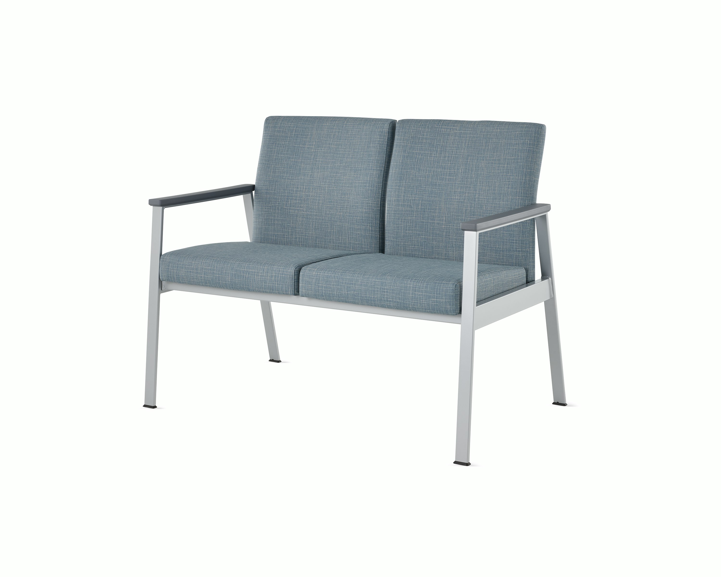 Front angle view of Easton Multiple Seating with two seats, blue upholstery, metallic silver frame and grey arm caps.