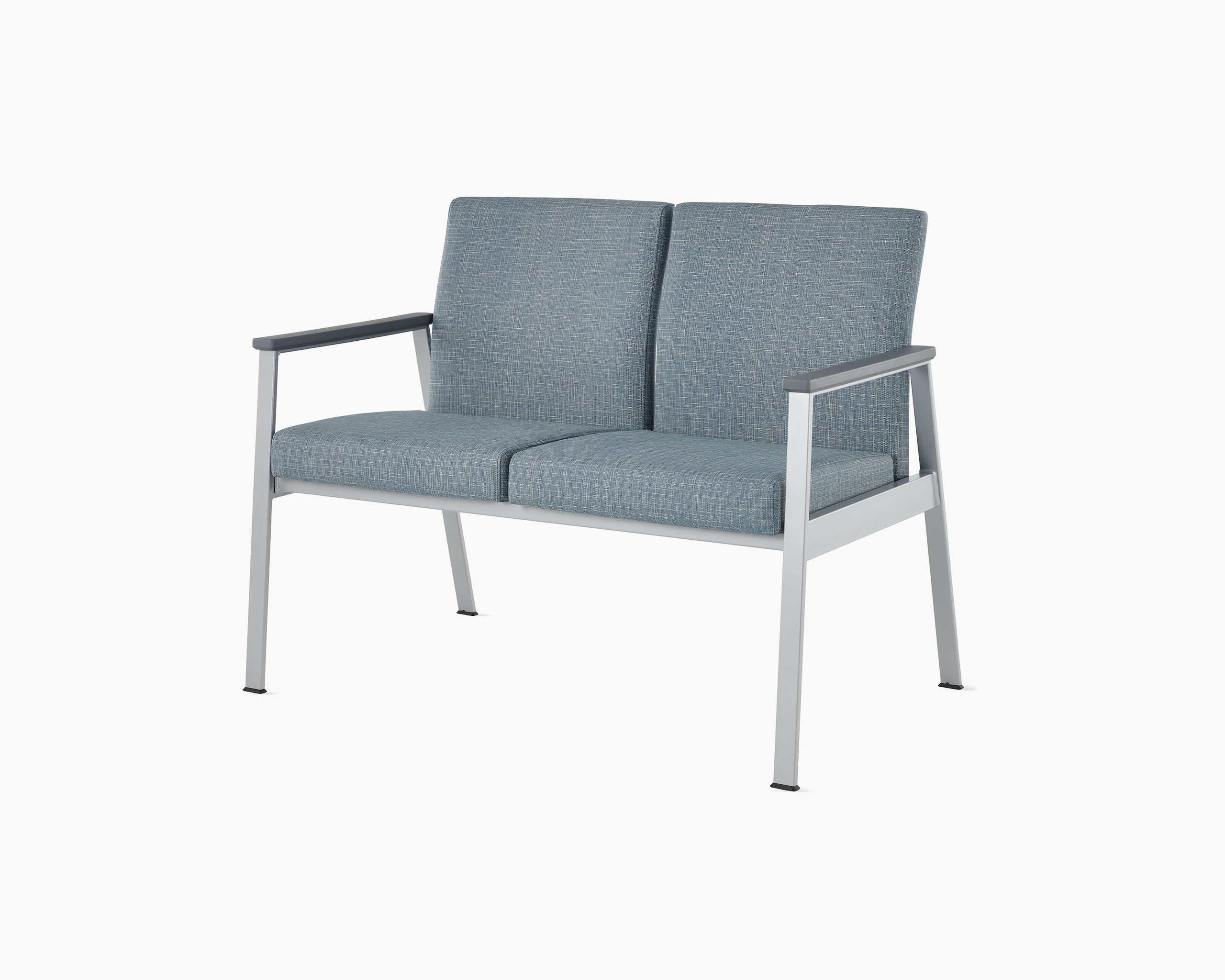 Front angle view of Easton Multiple Seating with two seats, blue upholstery, metallic silver frame and grey arm caps.