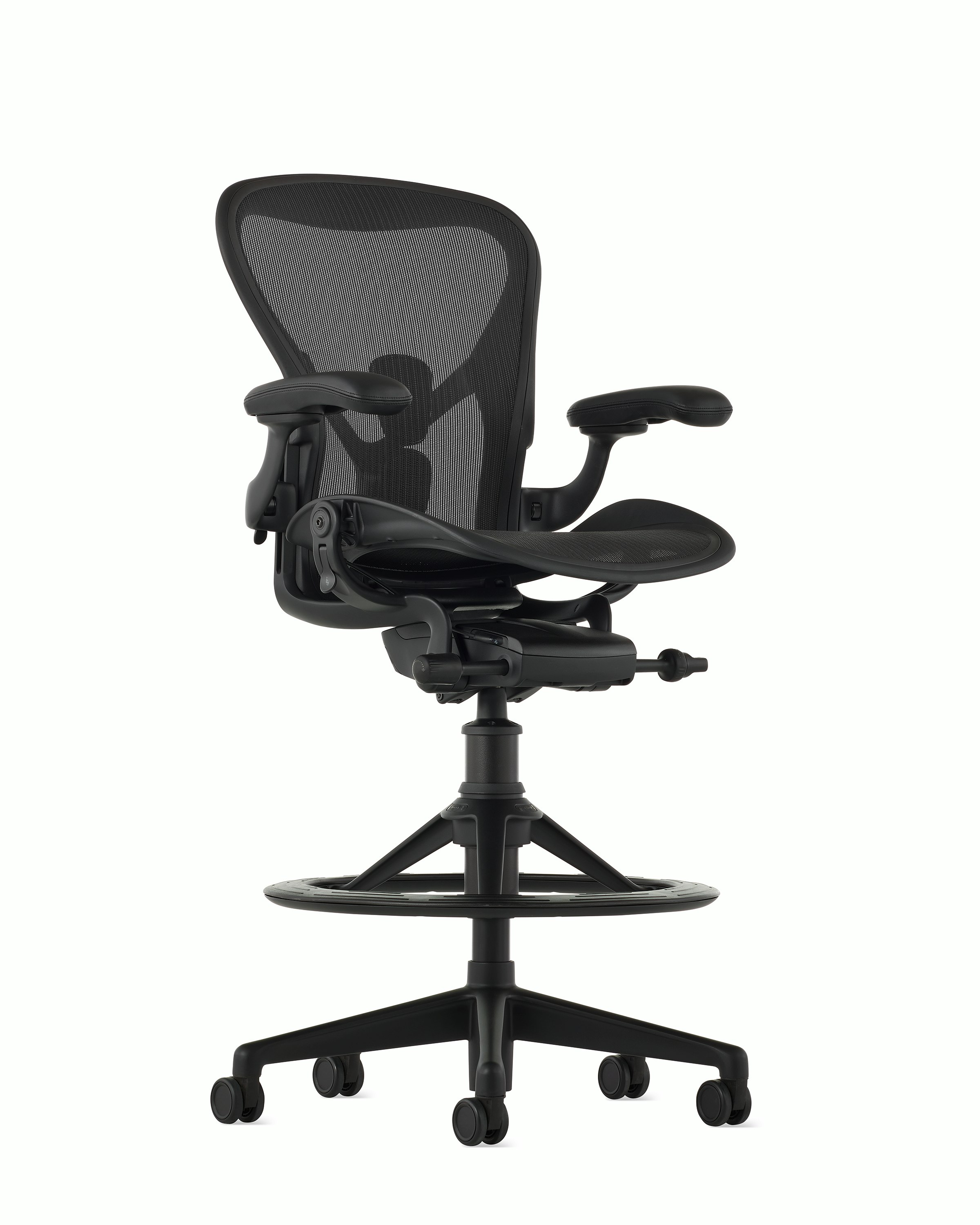 Black matte Aeron Stool on a white background with a 5-star base and ergonomic back support, angled view of the stool front.