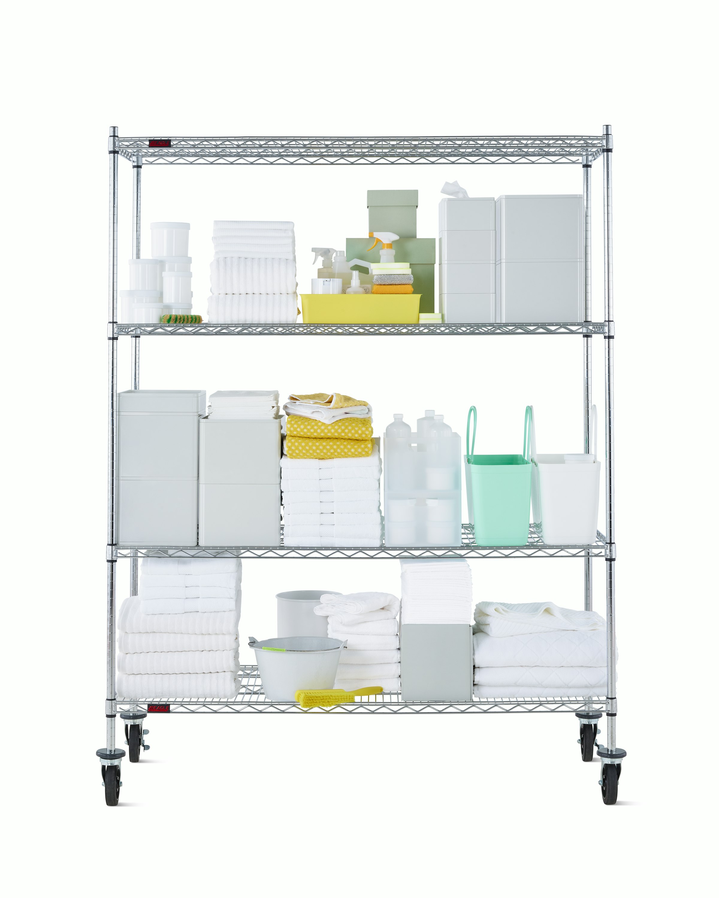 Front view of a wire shelving storage unit on casters with four shelves.