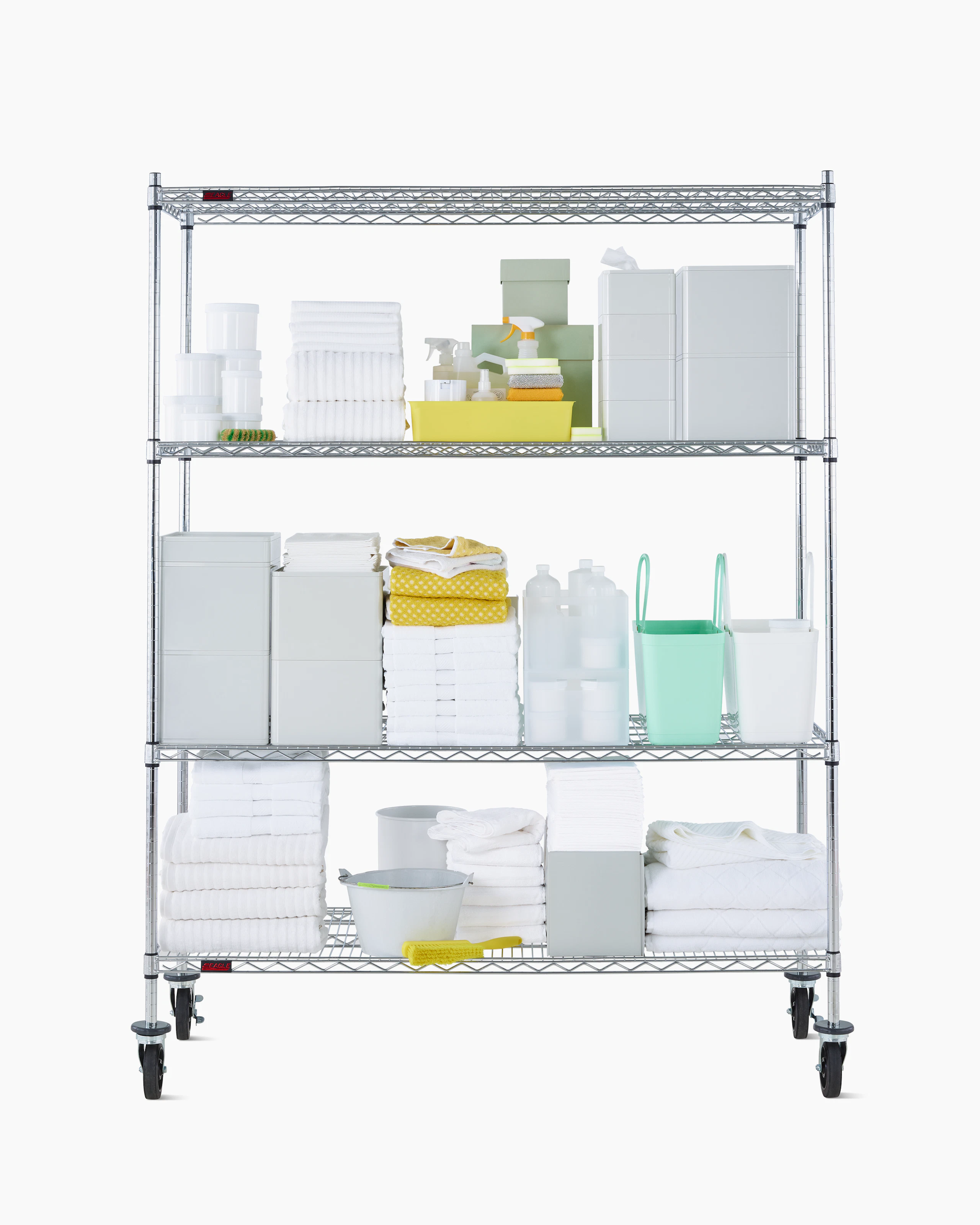 Front view of a wire shelving storage unit on casters with four shelves.